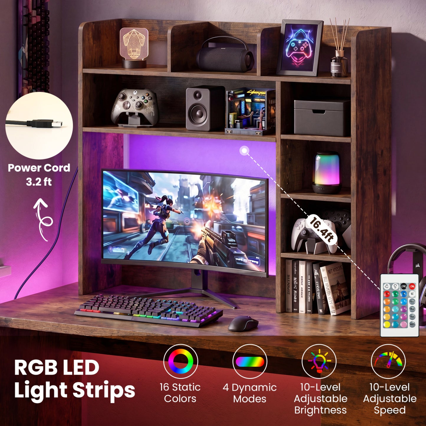 Desktop Bookshelf with LED Lights 35.5" Desk Hutch Organizer