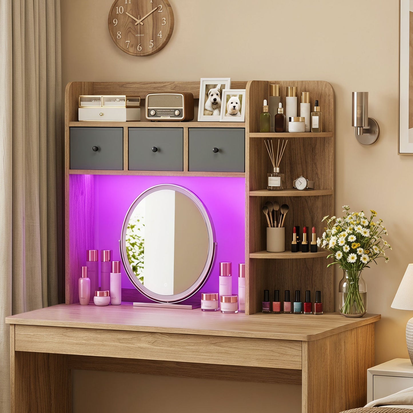 Desktop Bookshelf with LED Lights 5-Tier Storage & 3 Drawers