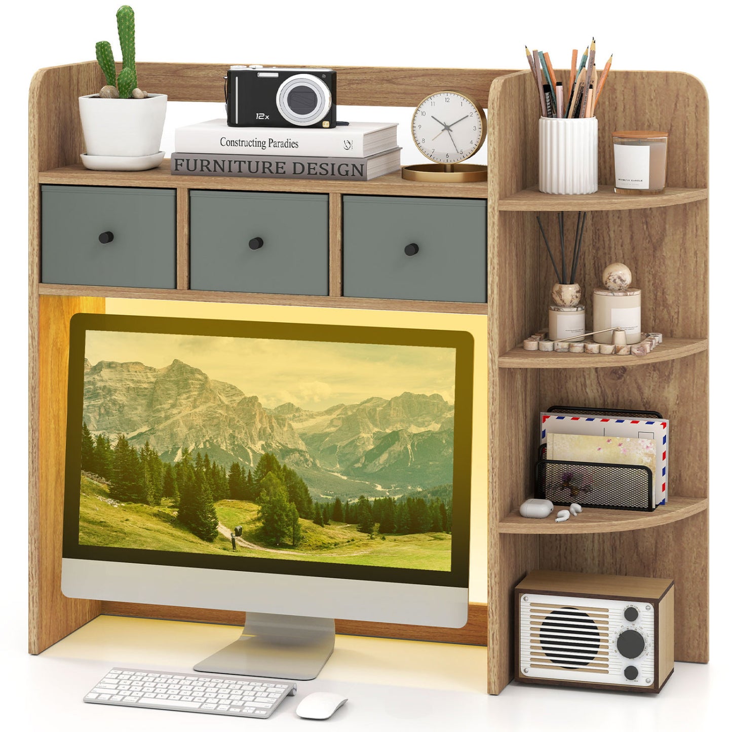 Desktop Bookshelf with LED Lights 5-Tier Storage & 3 Drawers