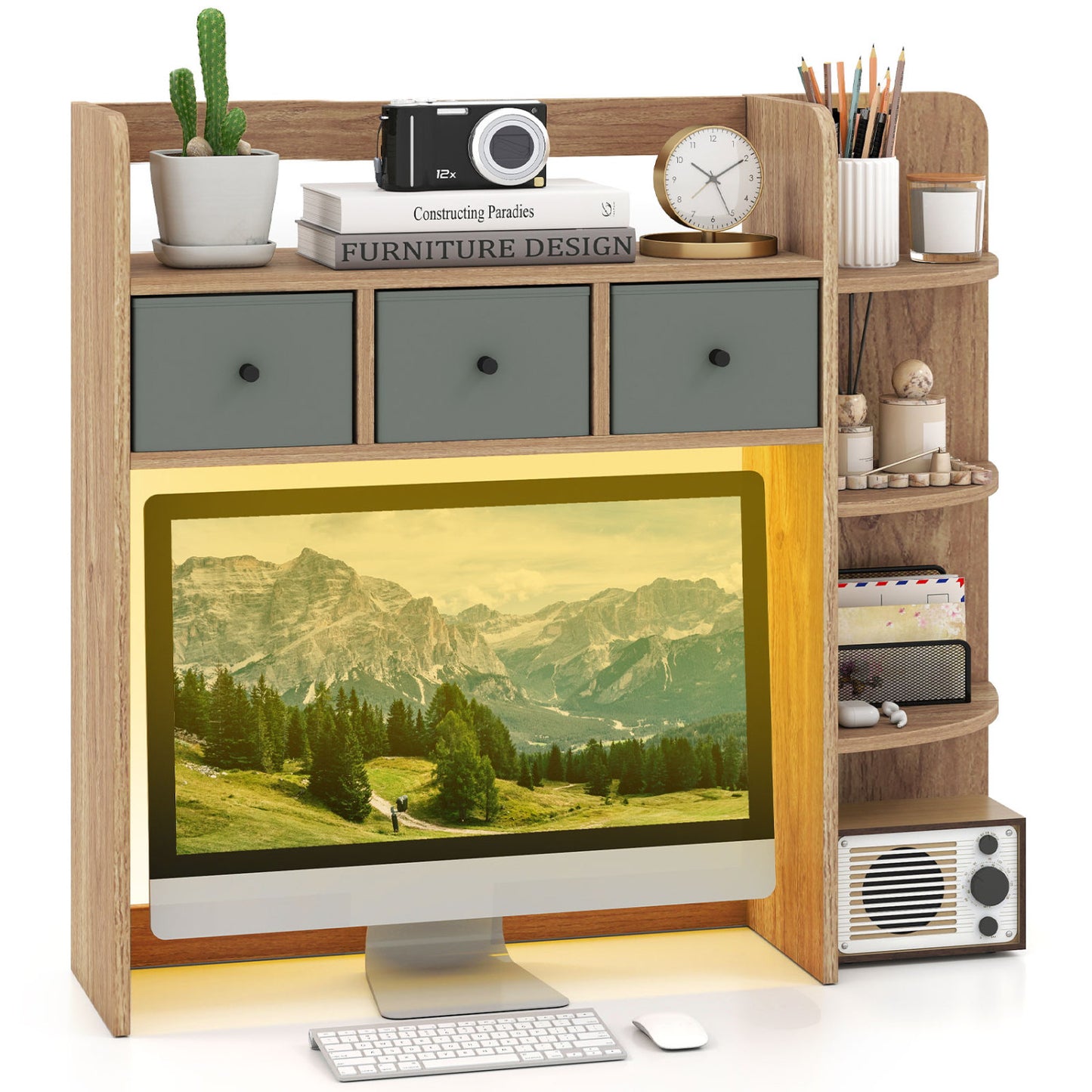 Desktop Bookshelf with LED Lights 5-Tier Storage & 3 Drawers