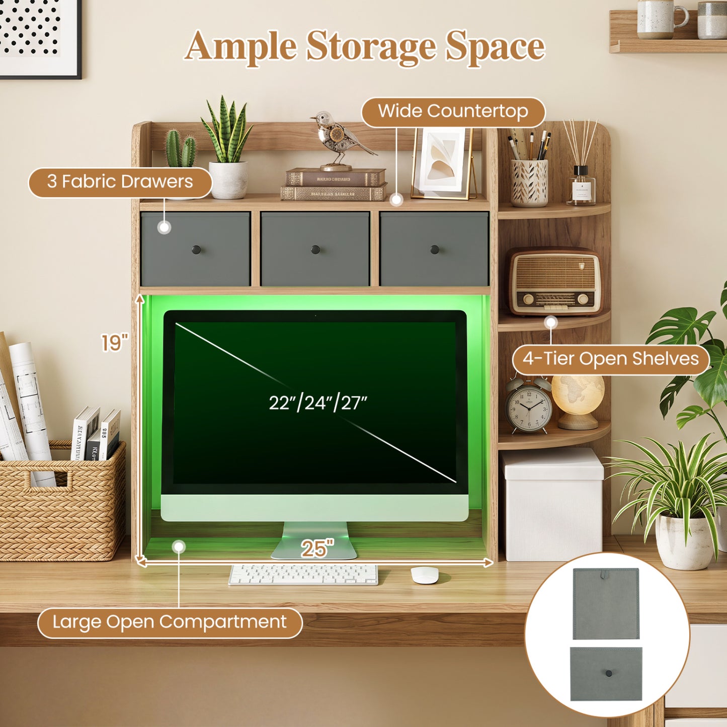 Desktop Bookshelf with LED Lights 5-Tier Storage & 3 Drawers