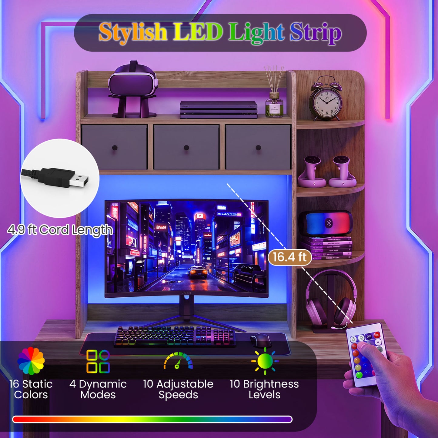 Desktop Bookshelf with LED Lights 5-Tier Storage & 3 Drawers