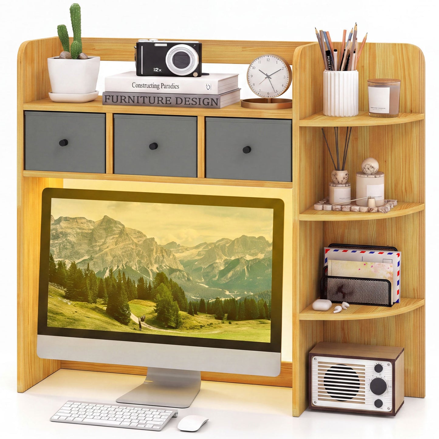 Desktop Bookshelf with LED Lights 5-Tier Storage & 3 Drawers