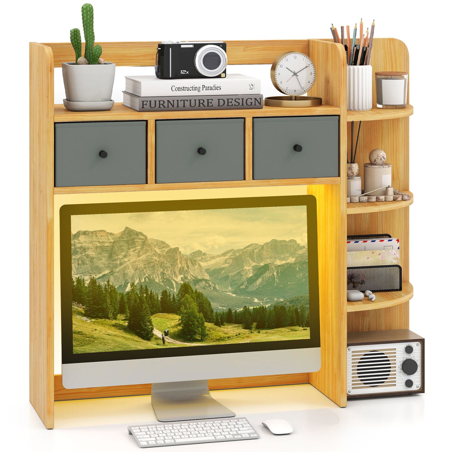 Desktop Bookshelf with LED Lights 5-Tier Storage & 3 Drawers