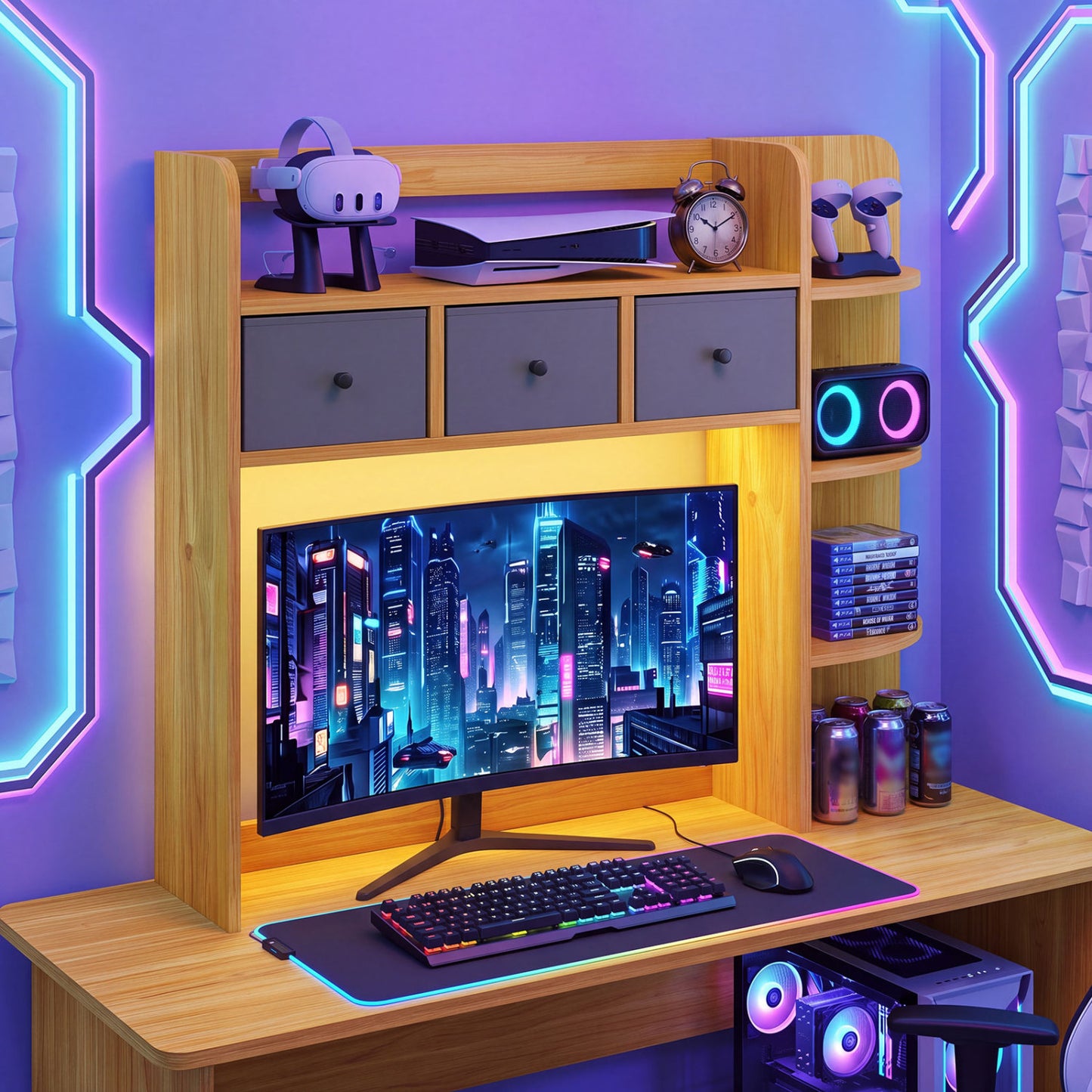 Desktop Bookshelf with LED Lights 5-Tier Storage & 3 Drawers