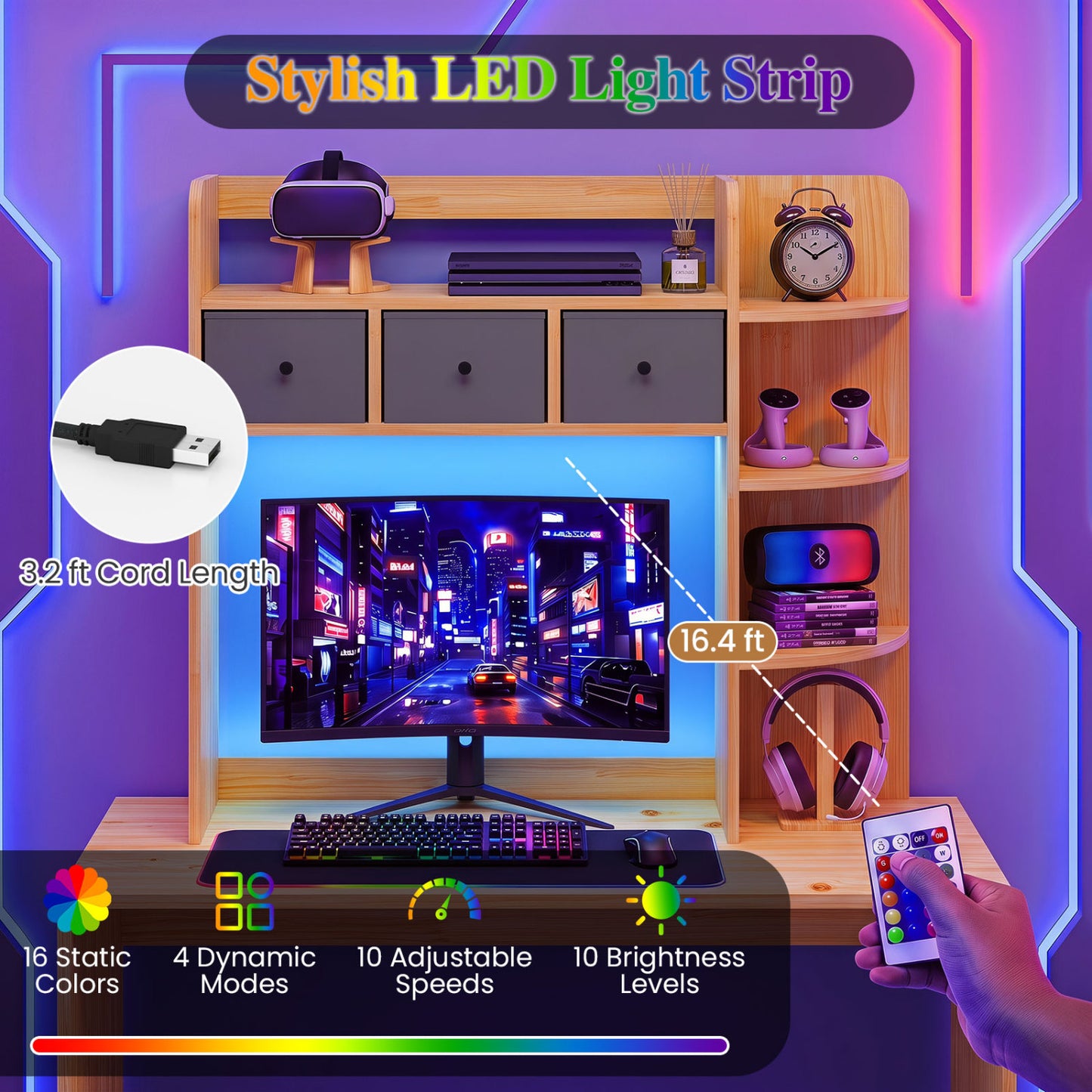 Desktop Bookshelf with LED Lights 5-Tier Storage & 3 Drawers