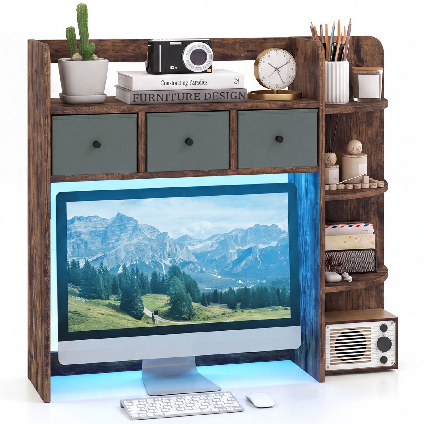 Desktop Bookshelf with LED Lights 5-Tier Storage & 3 Drawers