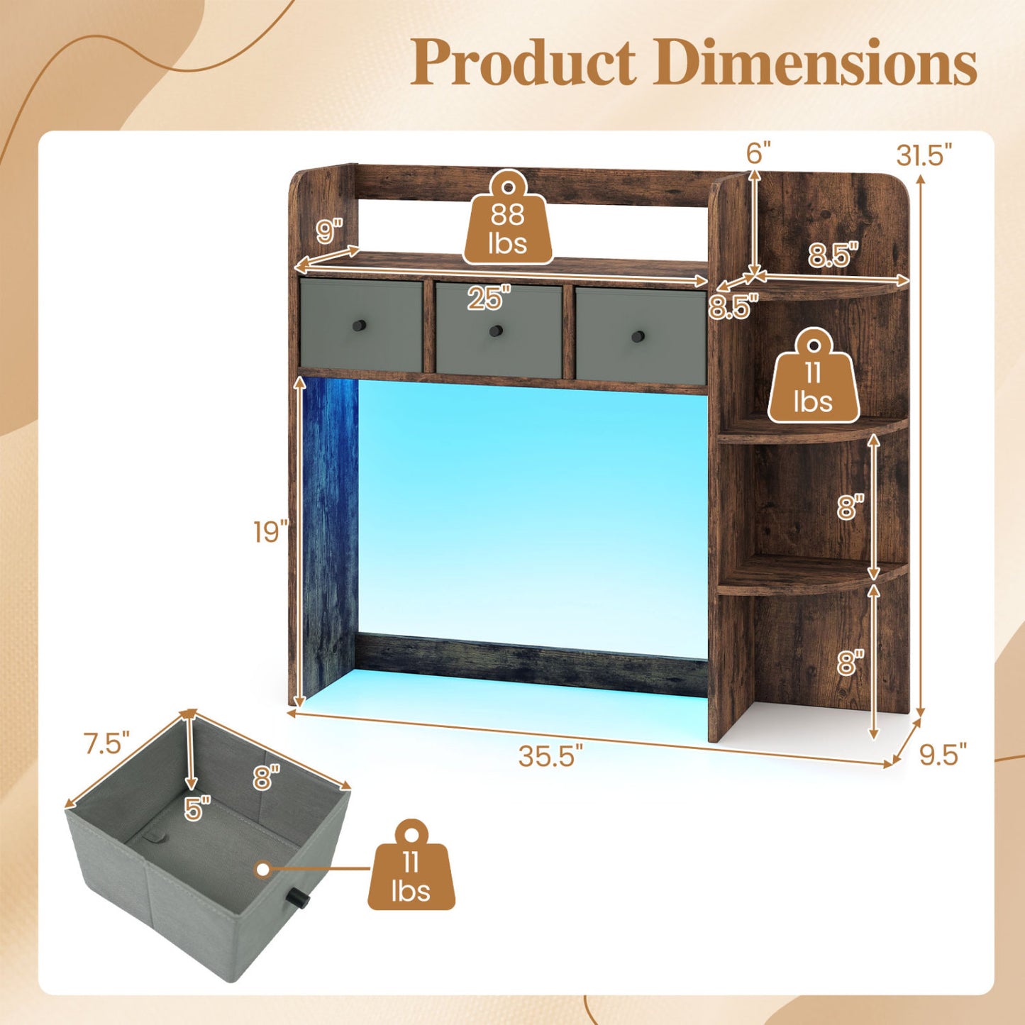 Desktop Bookshelf with LED Lights 5-Tier Storage & 3 Drawers