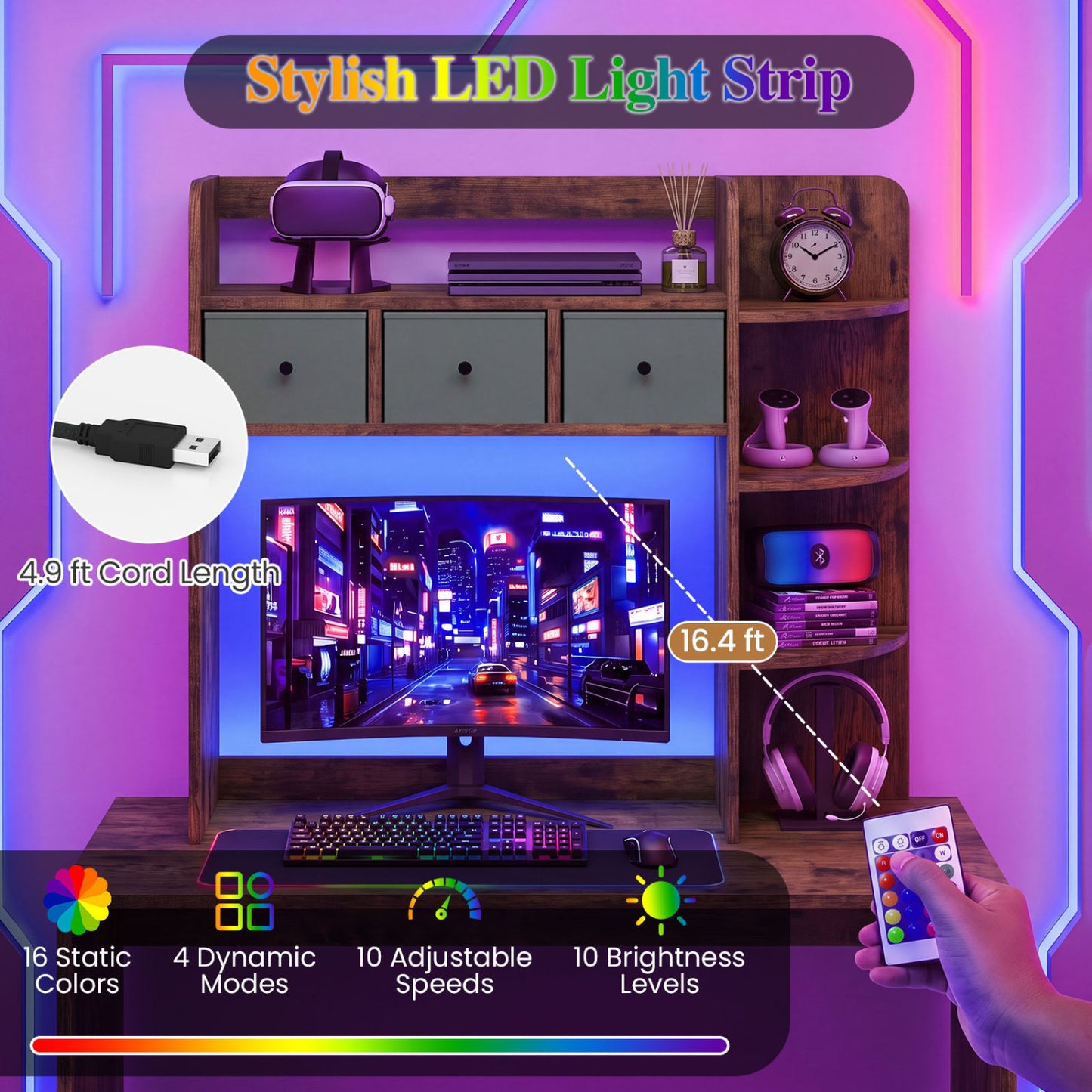 Desktop Bookshelf with LED Lights 5-Tier Storage & 3 Drawers