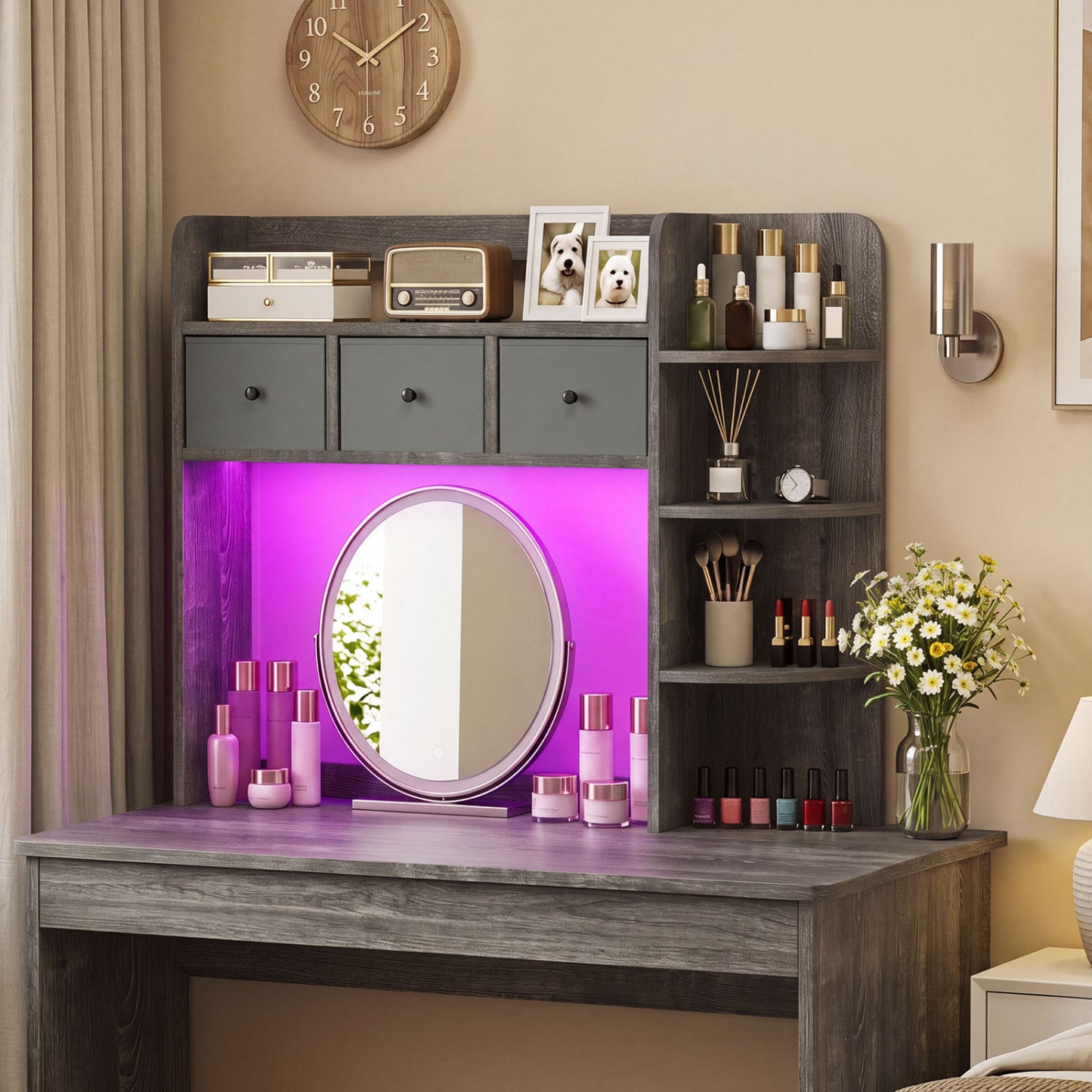 Desktop Bookshelf with LED Lights 5-Tier Storage & 3 Drawers
