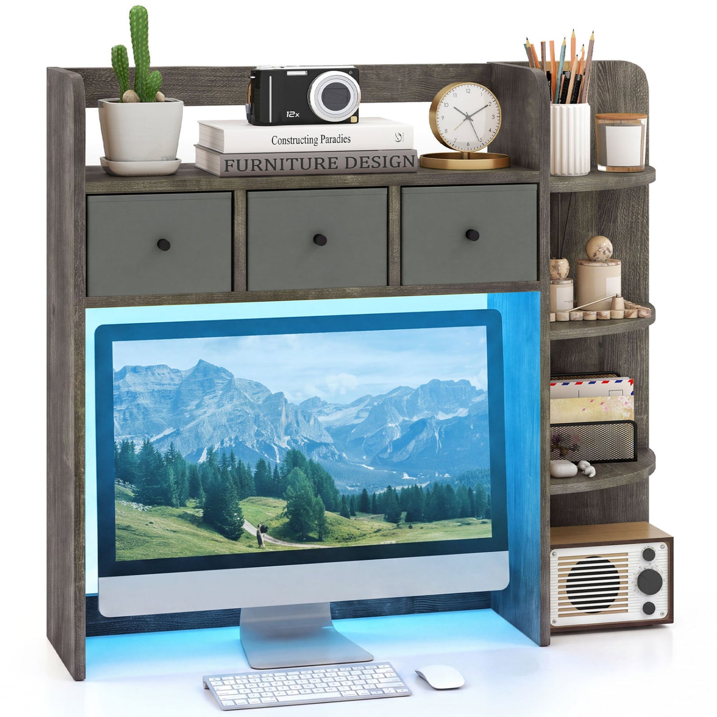 Desktop Bookshelf with LED Lights 5-Tier Storage & 3 Drawers