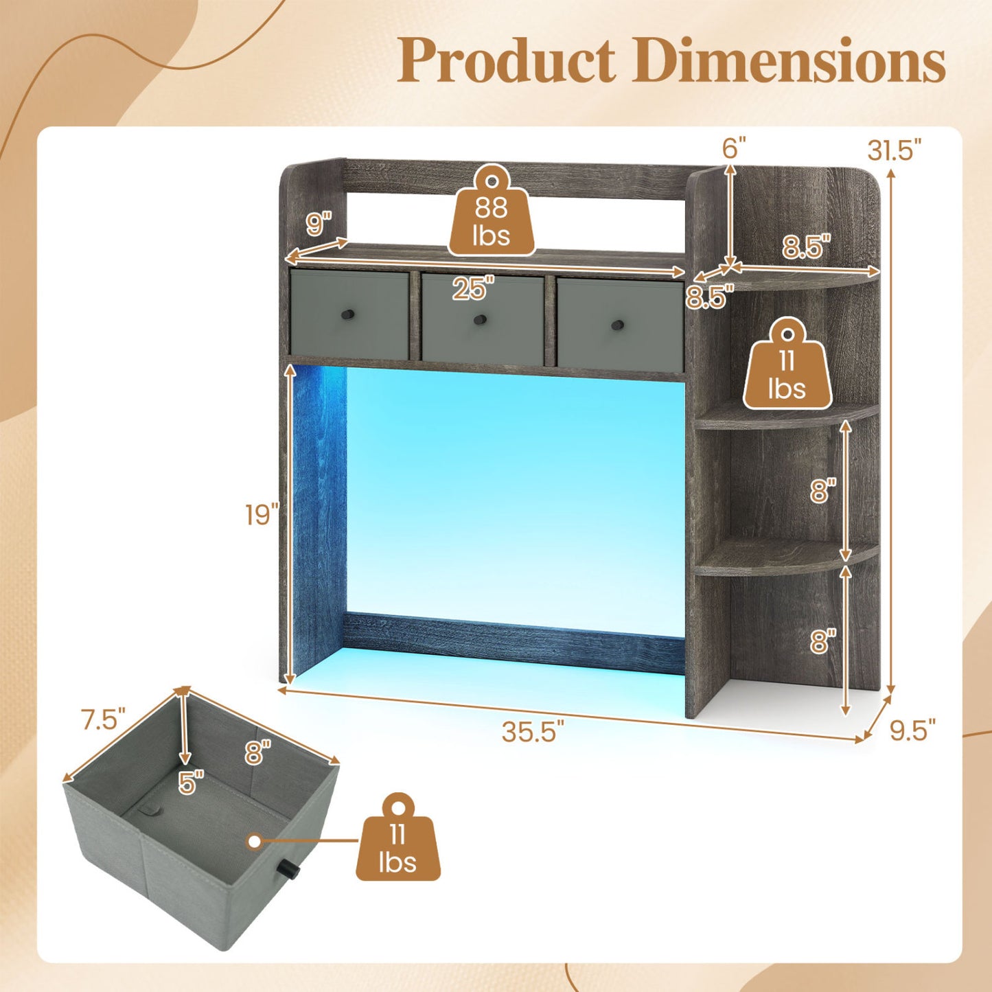 Desktop Bookshelf with LED Lights 5-Tier Storage & 3 Drawers