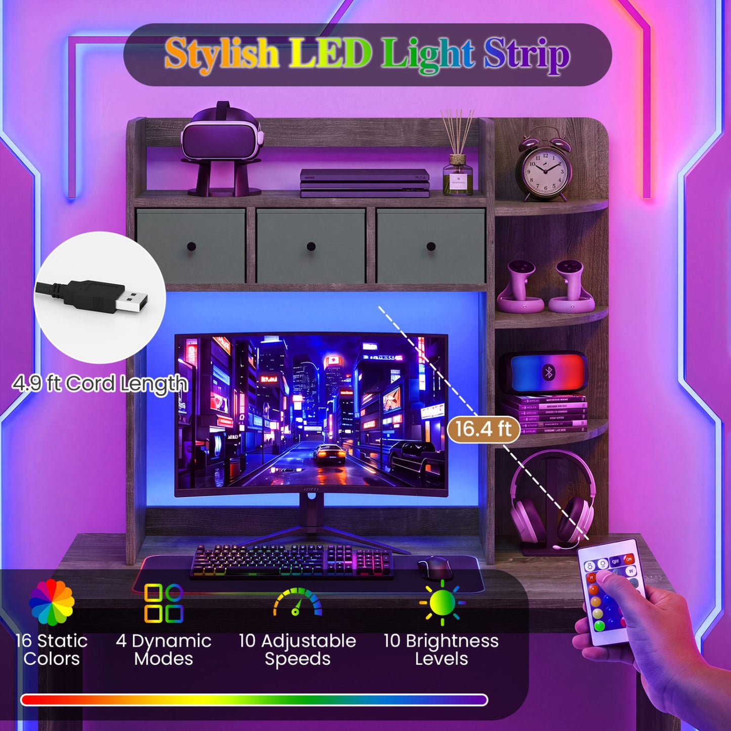Desktop Bookshelf with LED Lights 5-Tier Storage & 3 Drawers