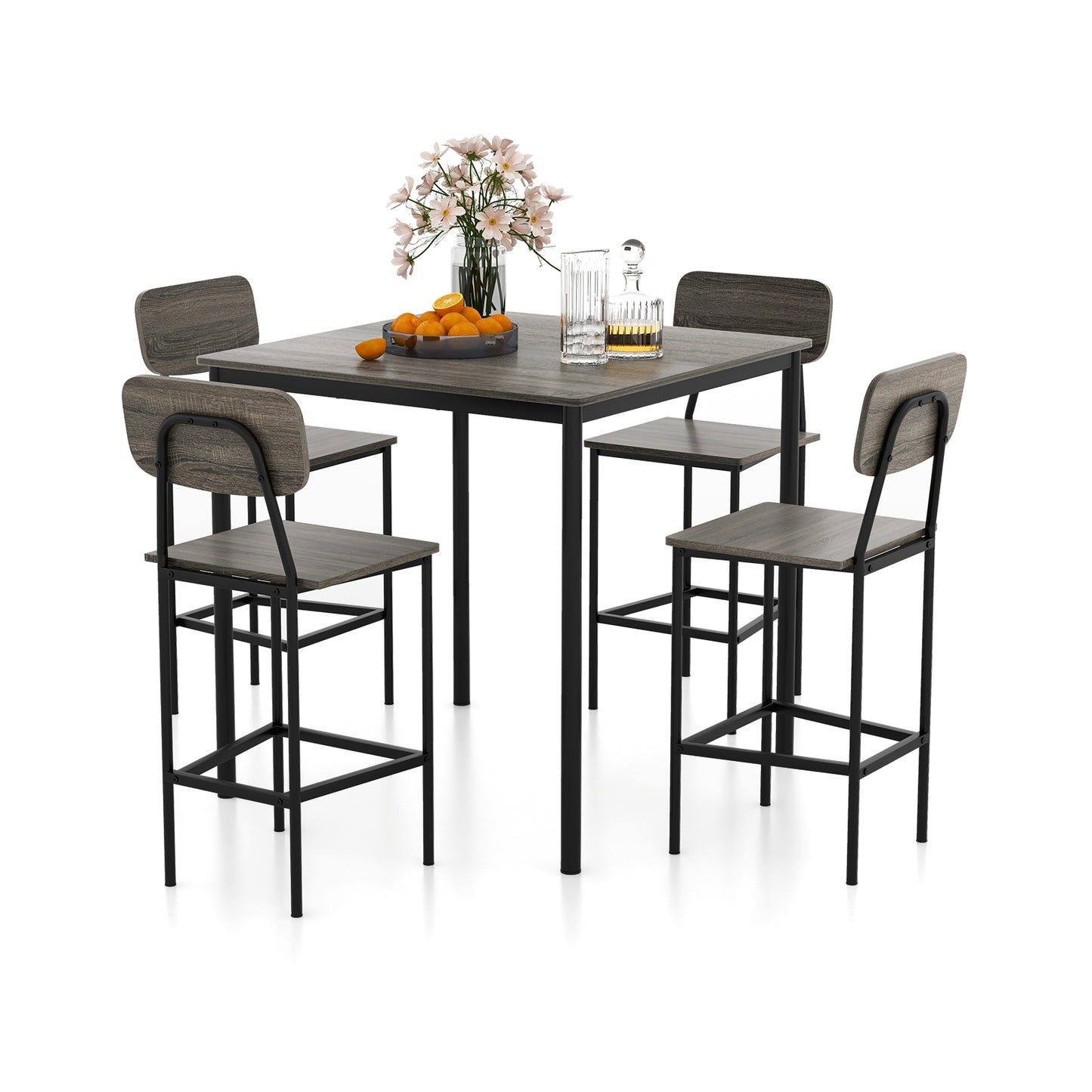 5 Pieces Industrial Dining Table Set with Counter Height Table and 4 Bar Stools-Walnut - Gray