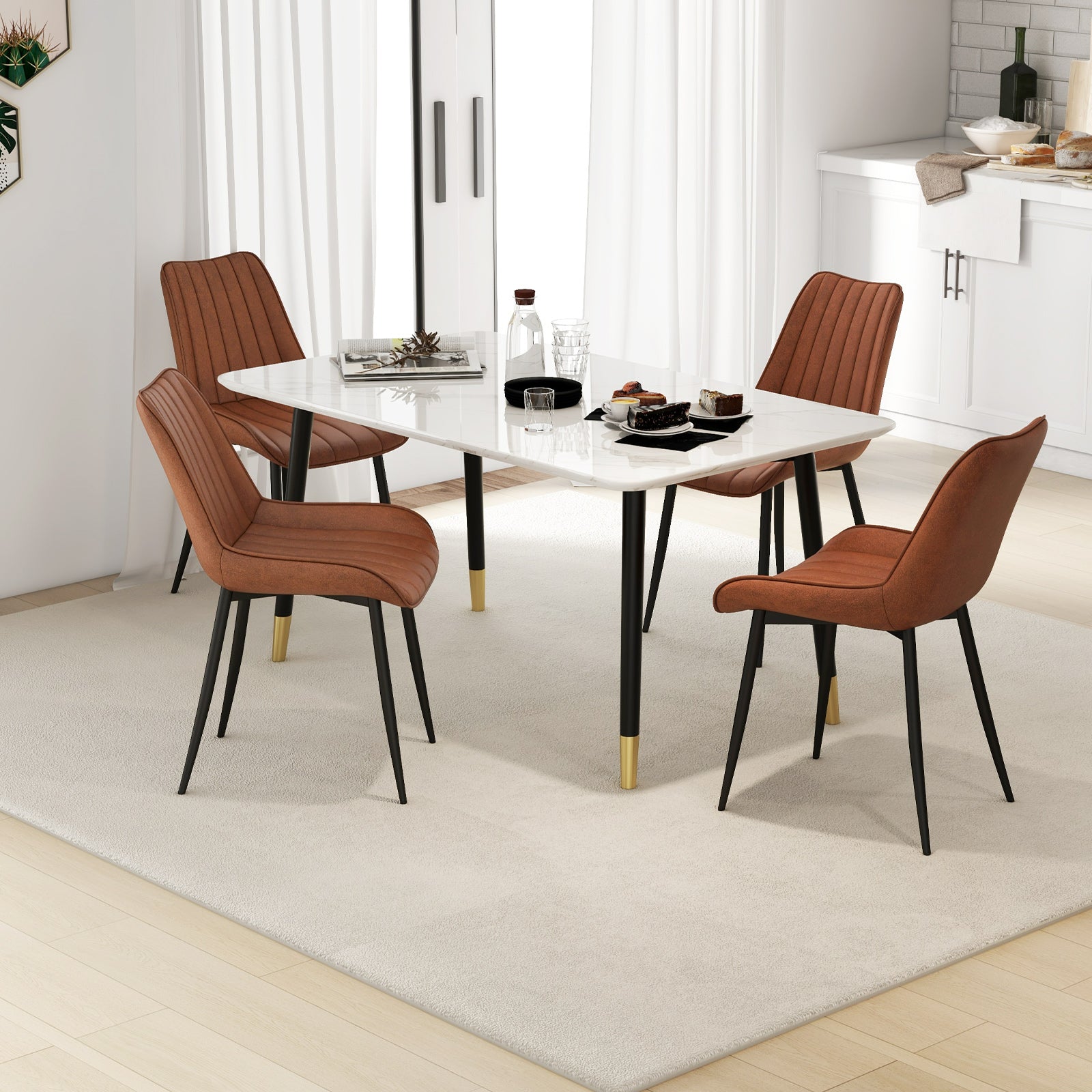 Faux-Leather Fabric Dining Chair Set of 2 with Metal Legs and Padded Seat-Brown