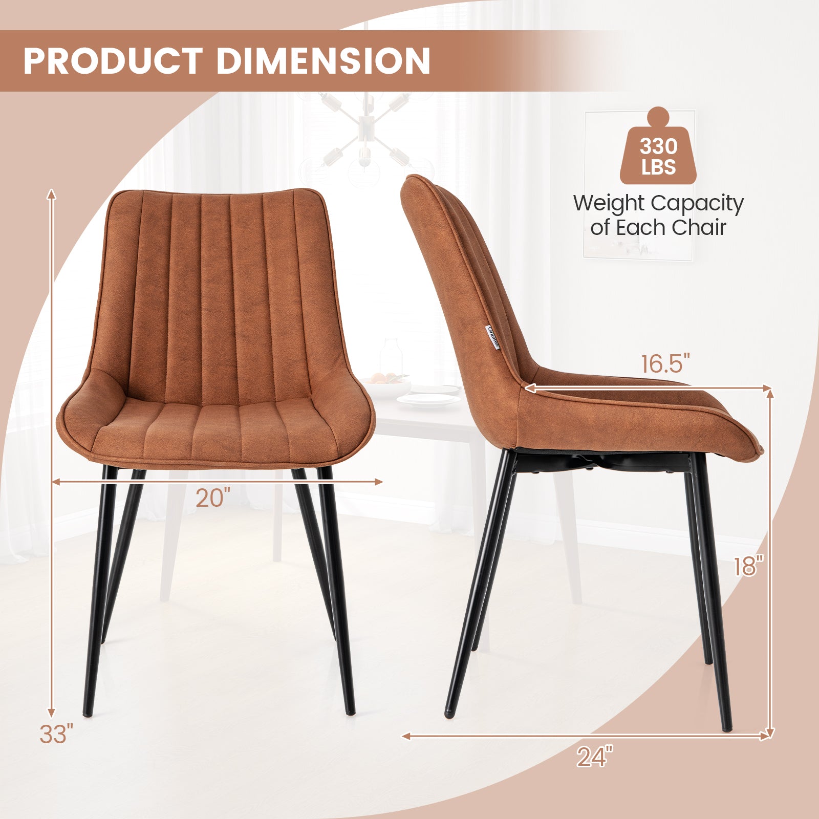 Faux-Leather Fabric Dining Chair Set of 2 with Metal Legs and Padded Seat-Brown