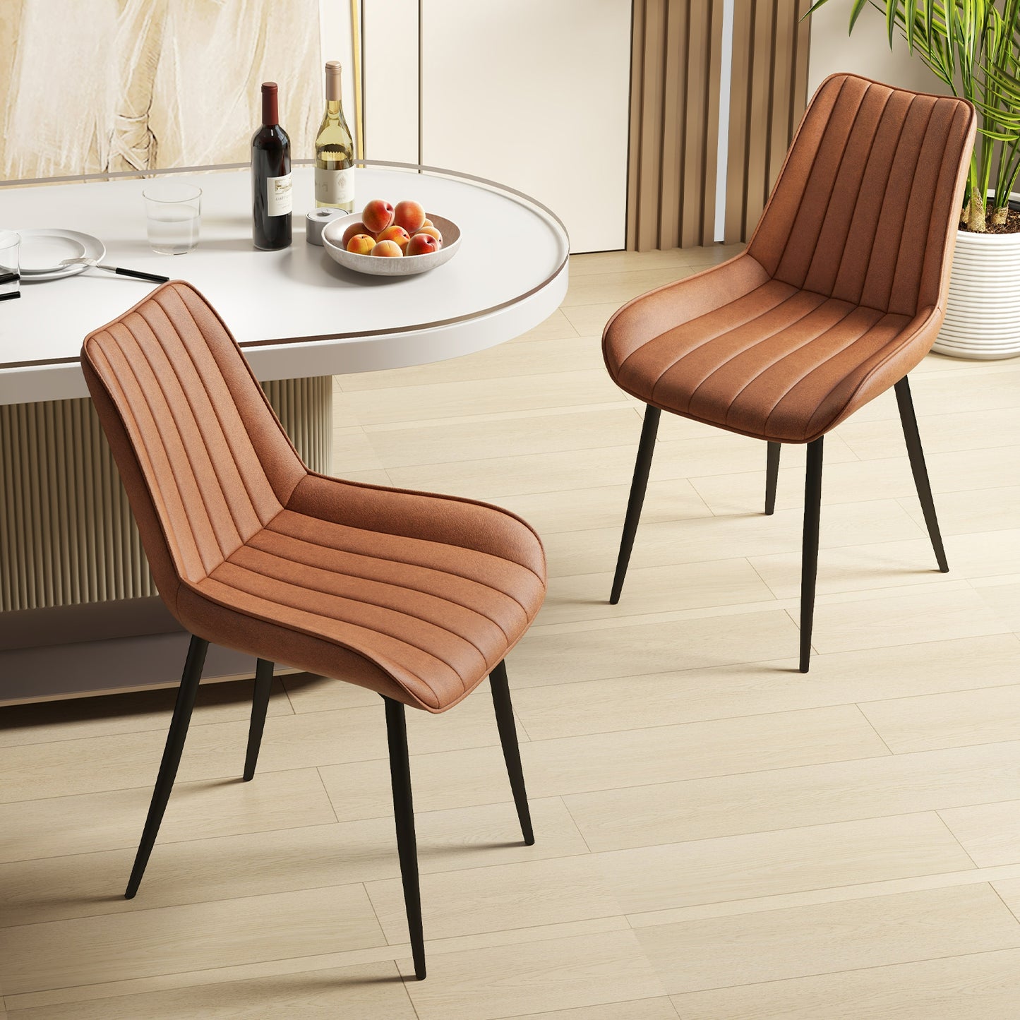 Faux-Leather Fabric Dining Chair Set of 2 with Metal Legs and Padded Seat-Brown