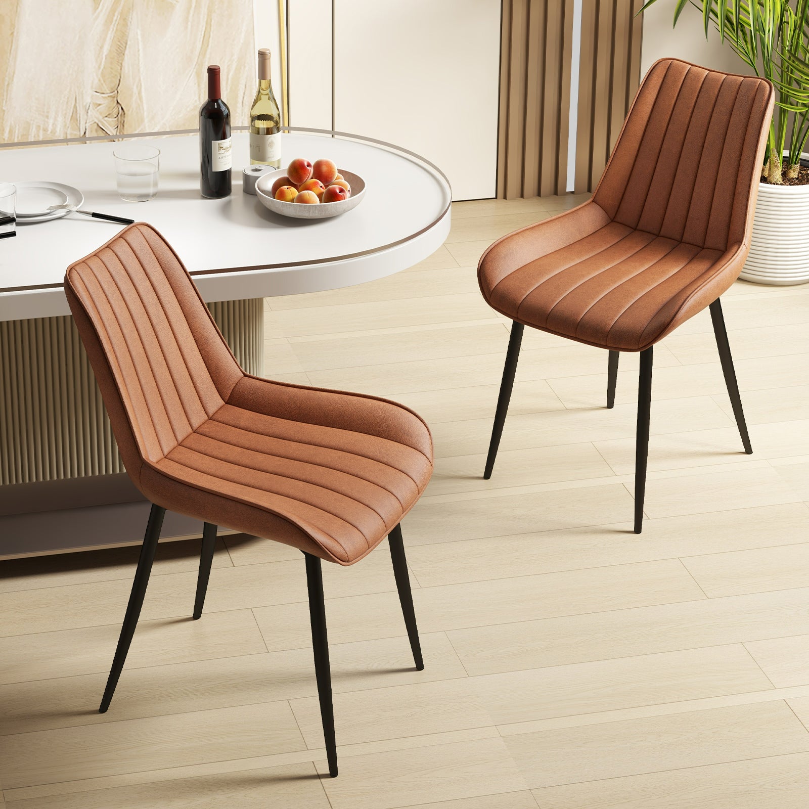 Faux-Leather Fabric Dining Chair Set of 2 with Metal Legs and Padded Seat-Brown
