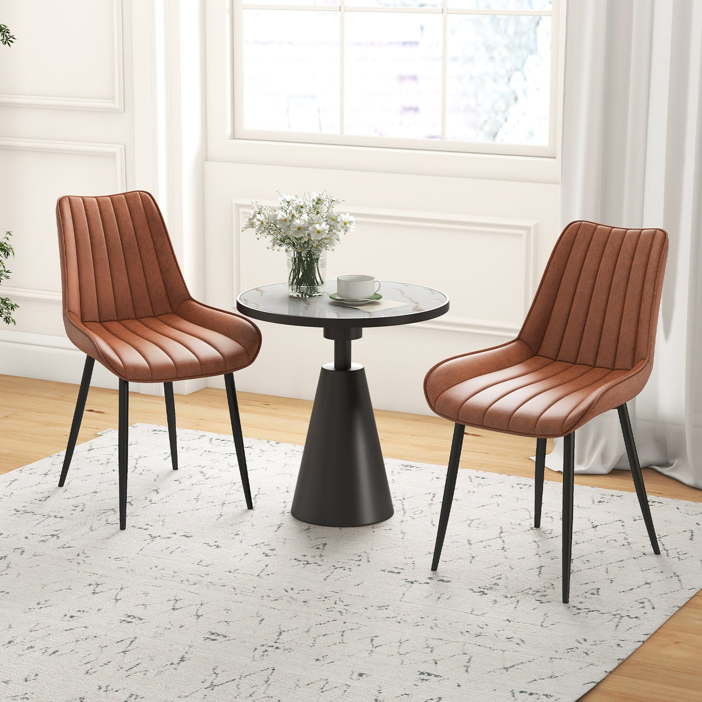 Faux-Leather Fabric Dining Chair Set of 2 with Metal Legs and Padded Seat-Brown
