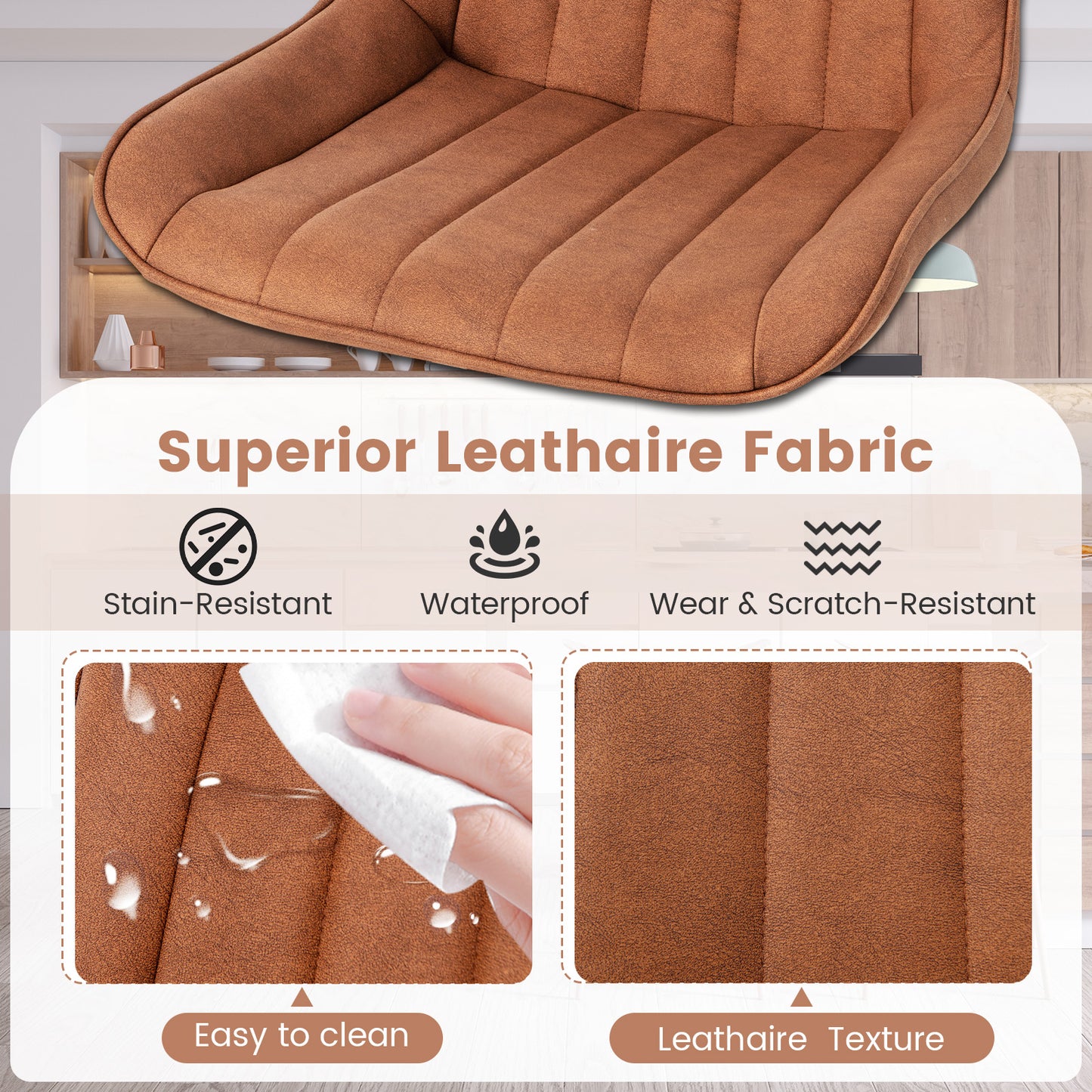 Faux-Leather Fabric Dining Chair Set of 2 with Metal Legs and Padded Seat-Brown