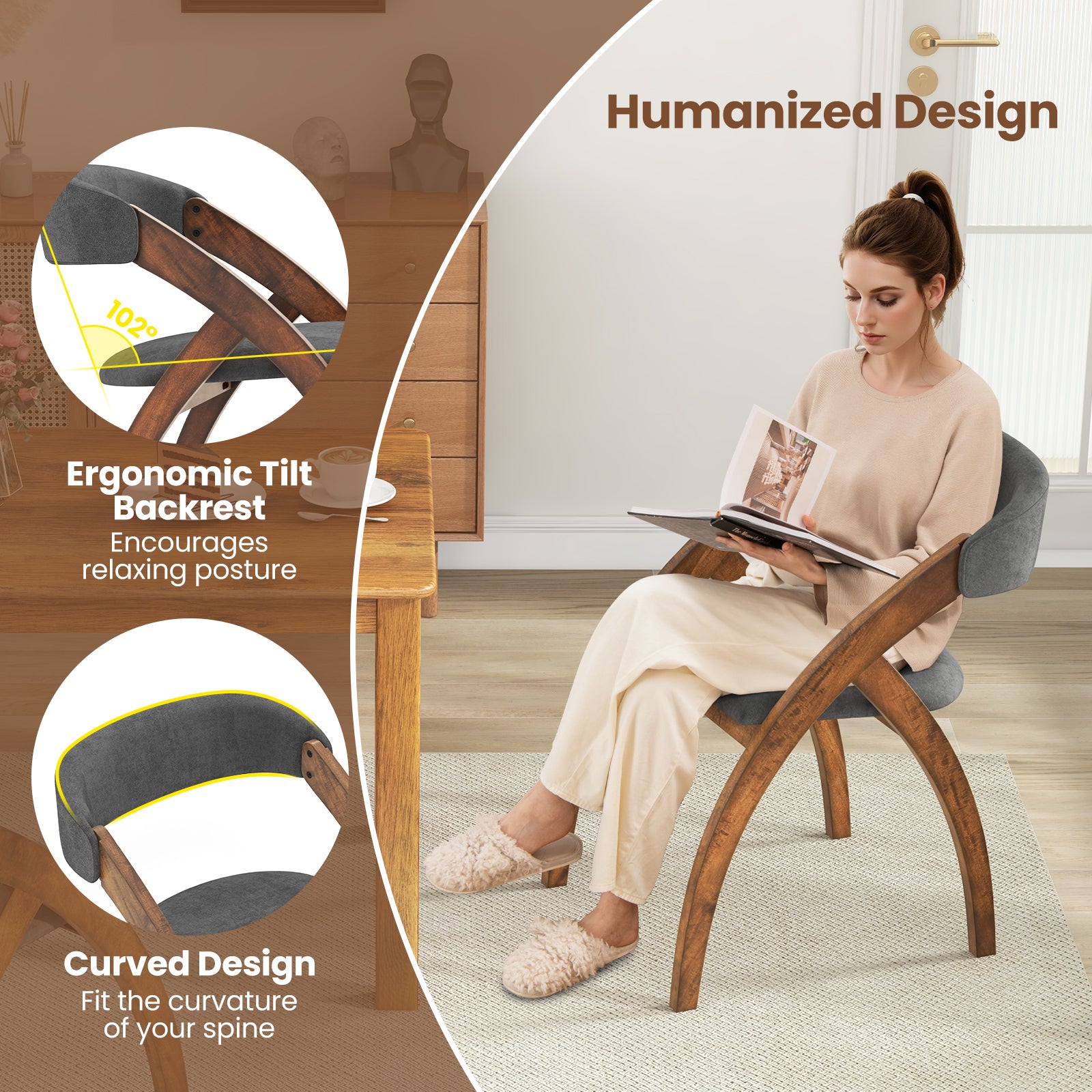 Dining Chair Set of 2 with Padded Cushion and Curved Back for Living Room-Walnut