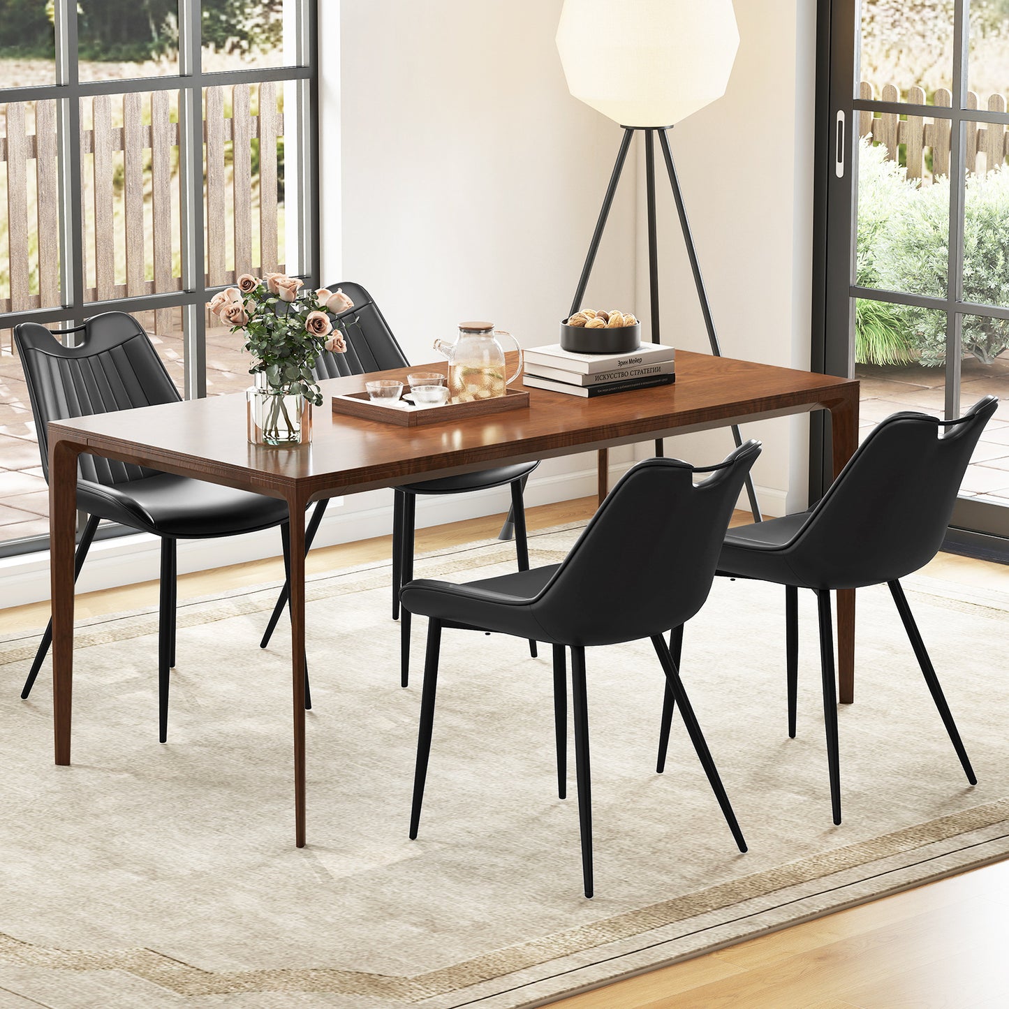 Dining Chair Set of 4 Faux Leather Upholstered Kitchen Chairs with Metal Legs-Black