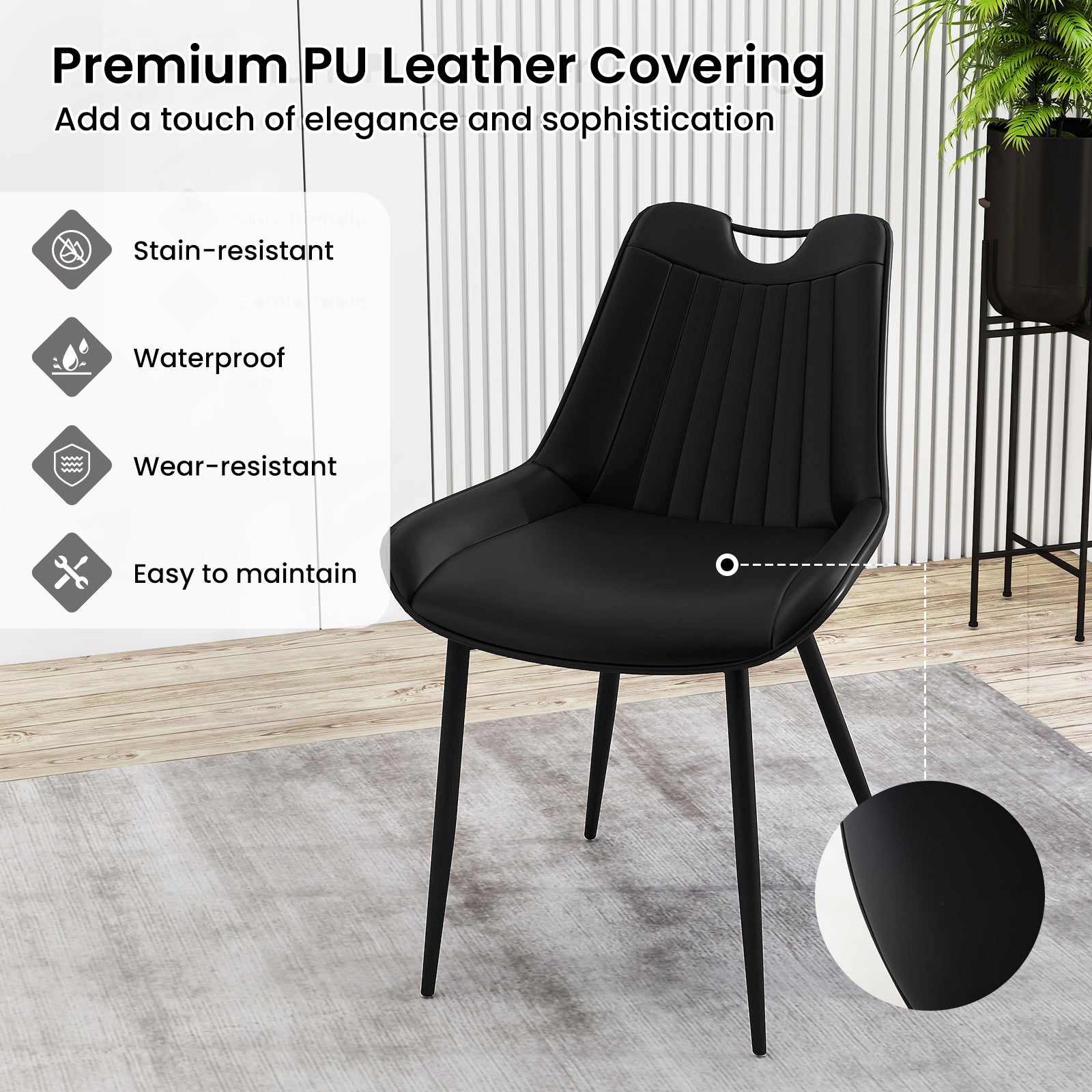Dining Chair Set of 4 Faux Leather Upholstered Kitchen Chairs with Metal Legs-Black