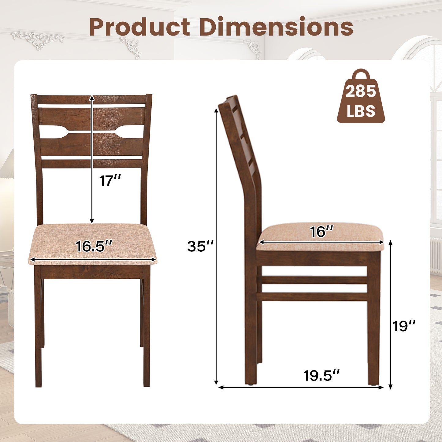 Dining Chair Set of 2/4 with Rubber Wood Frame and Padded Seat-2