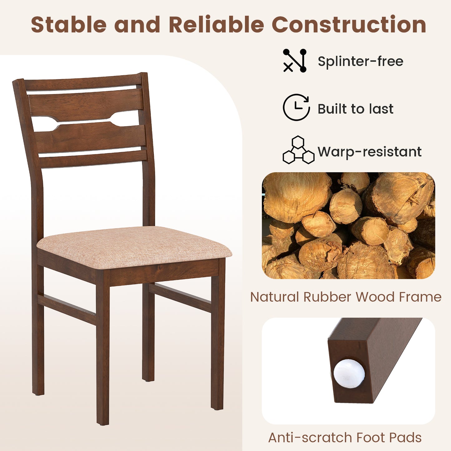 Dining Chair Set of 2/4 with Rubber Wood Frame and Padded Seat-2