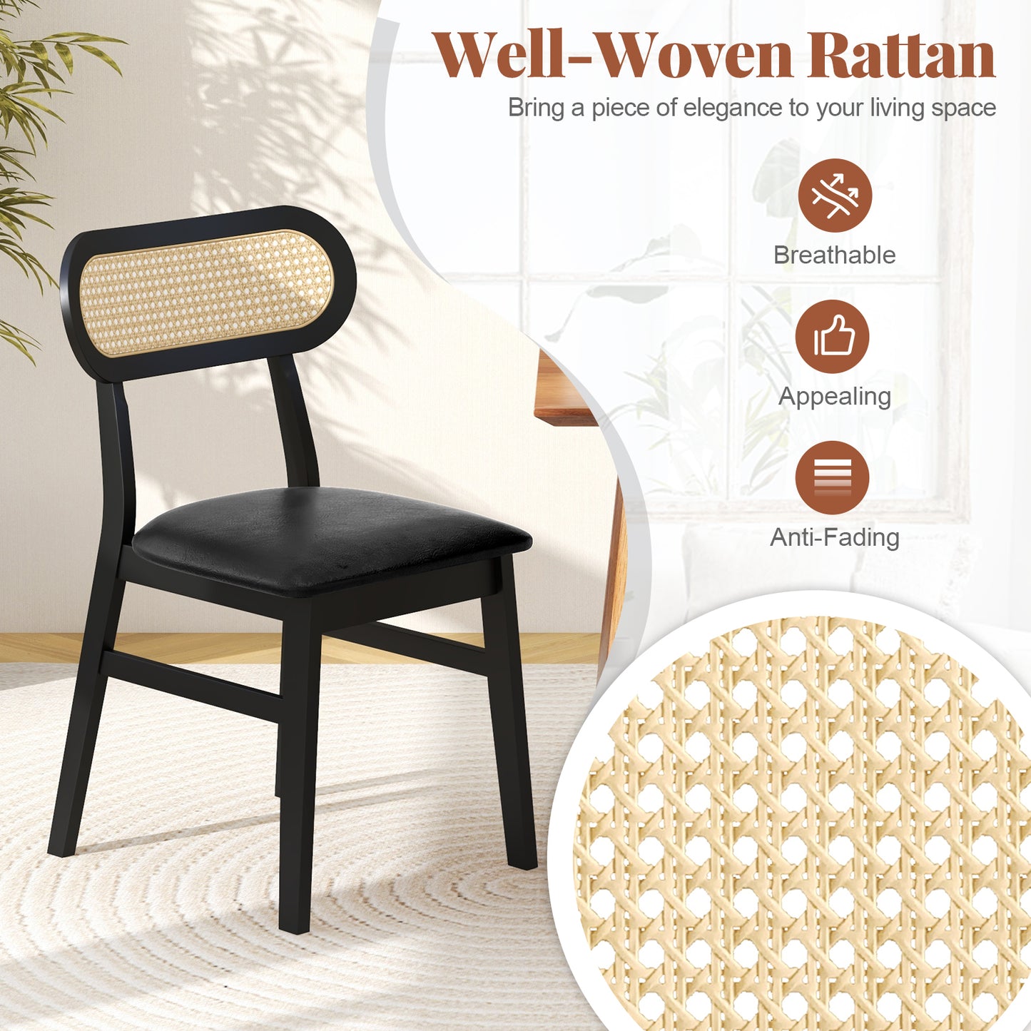 Indoor Mid Century Wood Dining Chairs Set of 2 for Dining Room-Black