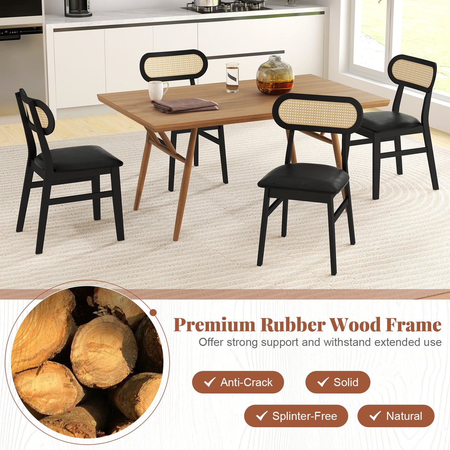Indoor Mid Century Wood Dining Chairs Set of 2 for Dining Room-Black