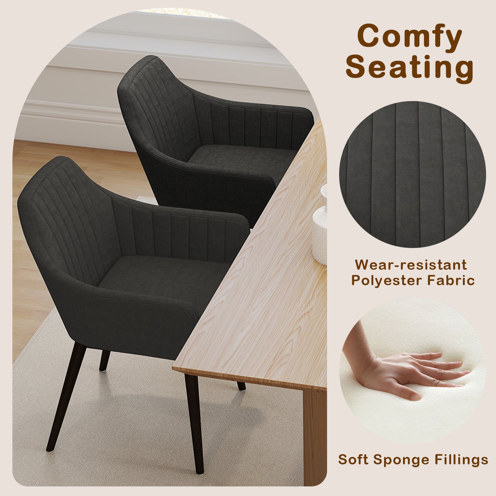 Dining Chairs Set of 2 Upholstered Accent Chairs with Comfy Padded Backrest and Seat-Black