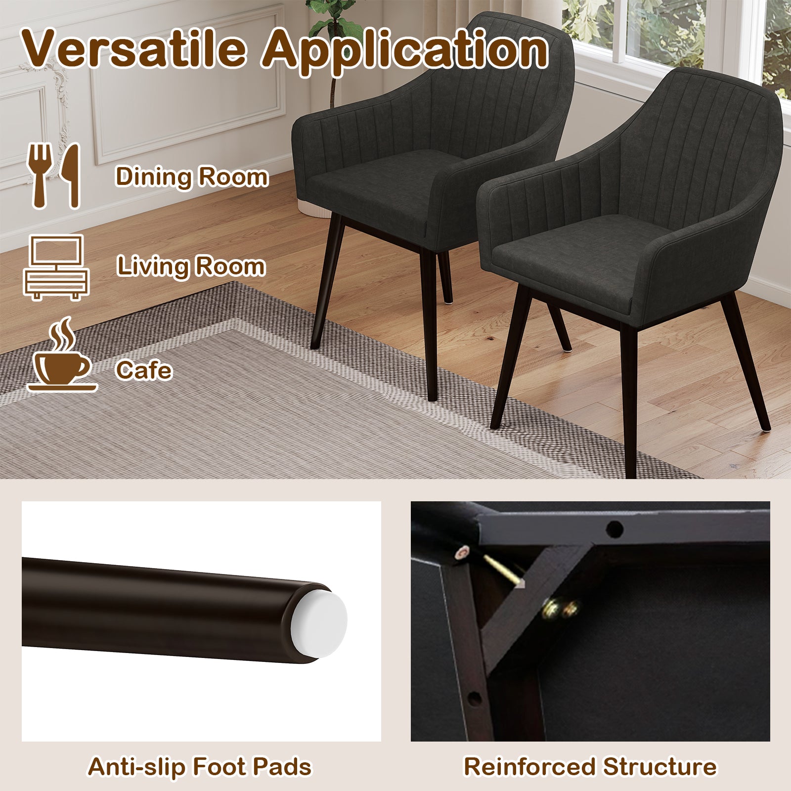 Dining Chairs Set of 2 Upholstered Accent Chairs with Comfy Padded Backrest and Seat-Black