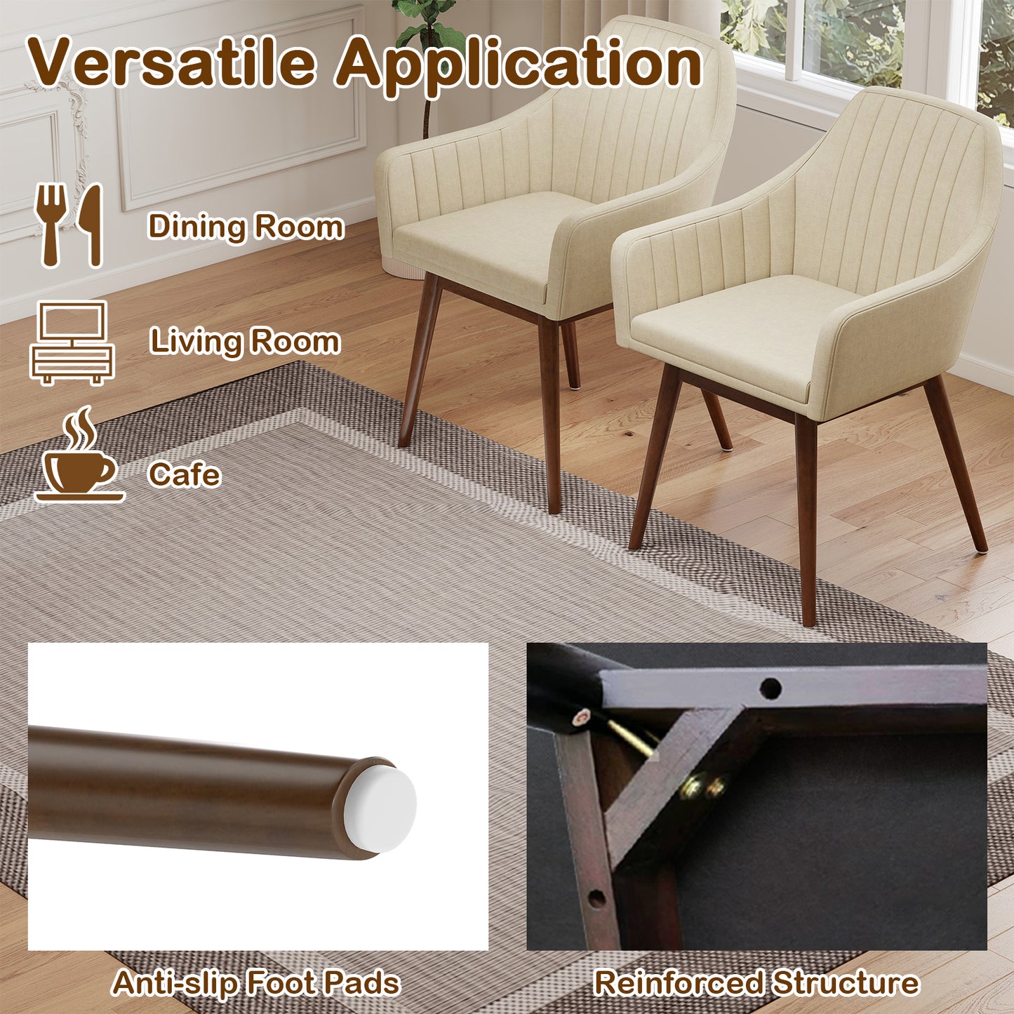 Dining Chairs Set of 2 Upholstered Accent Chairs with Comfy Padded Backrest and Seat-Beige