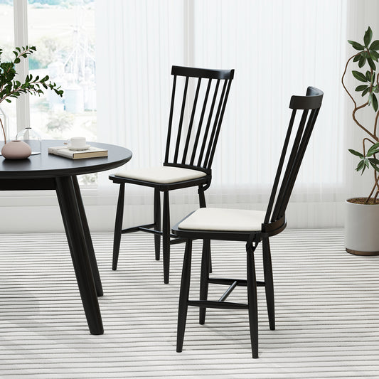 Dining Chairs Set of 2 Farmhouse Solid Rubber Wood Windsor Chairs with Removable Seat Cushions-Black