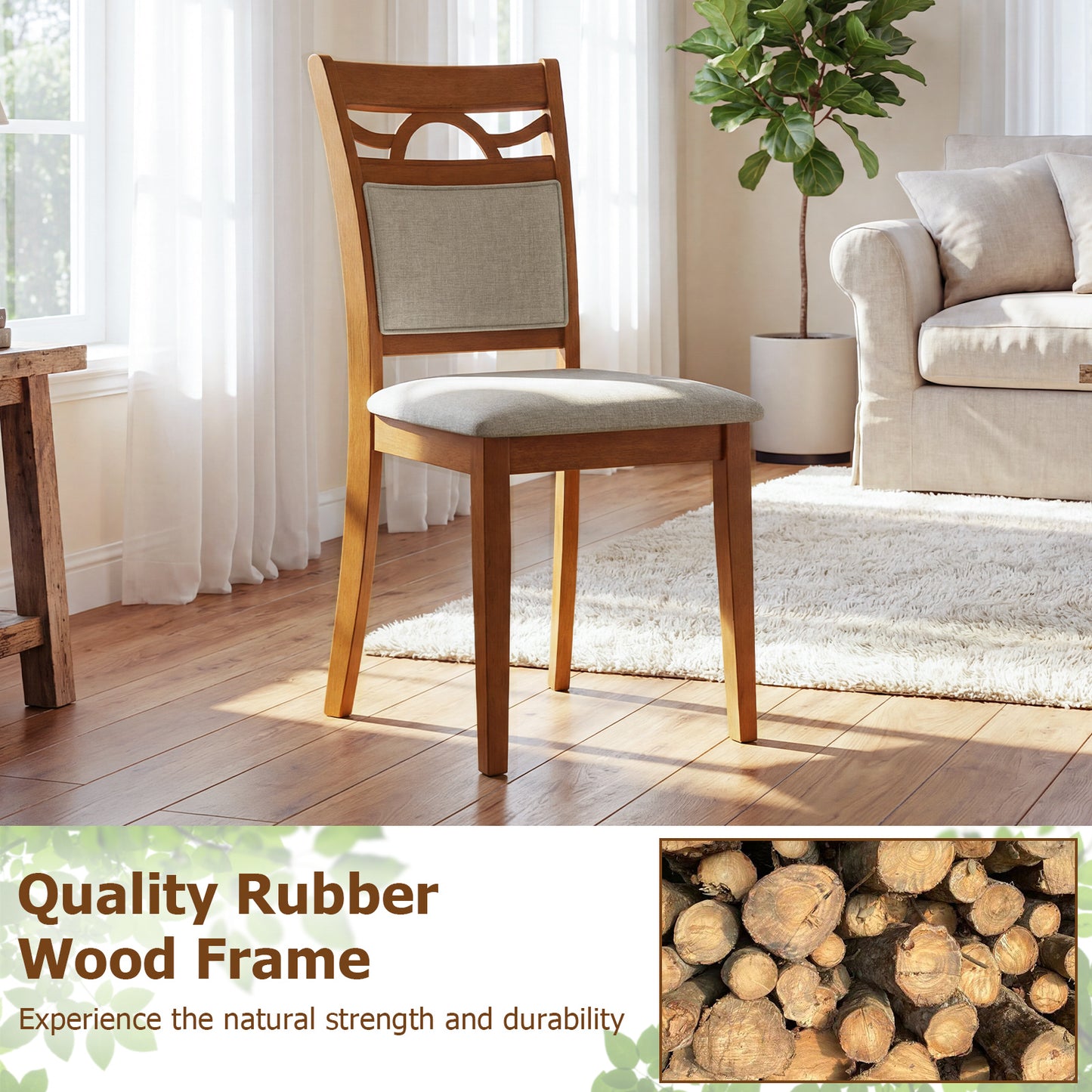 Dining Chairs Set of 2 Dining Room Chairs with Rubber Wood Frame-Brown