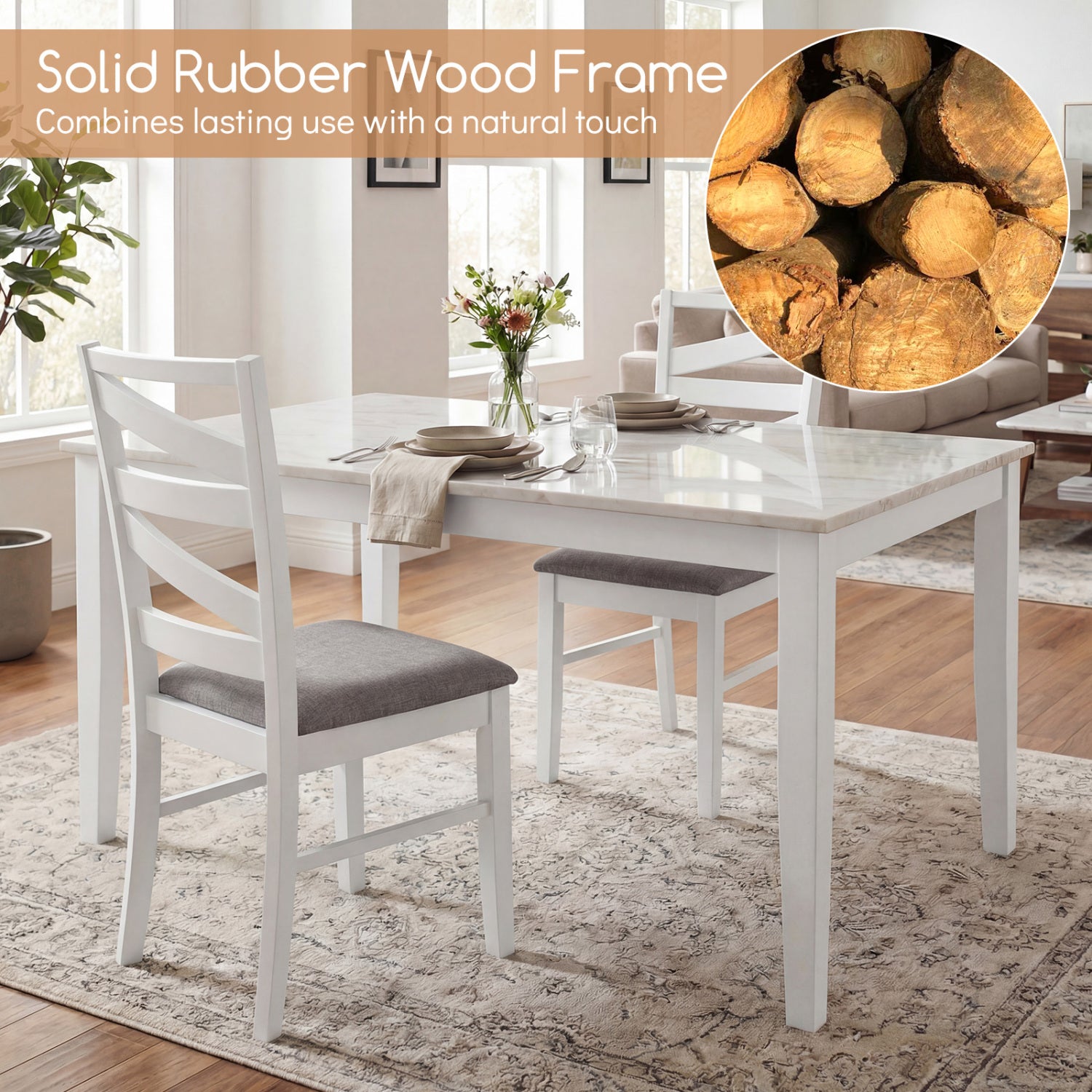 Dining Chairs Set of 2 with Backrests and Rubber Wood Frames