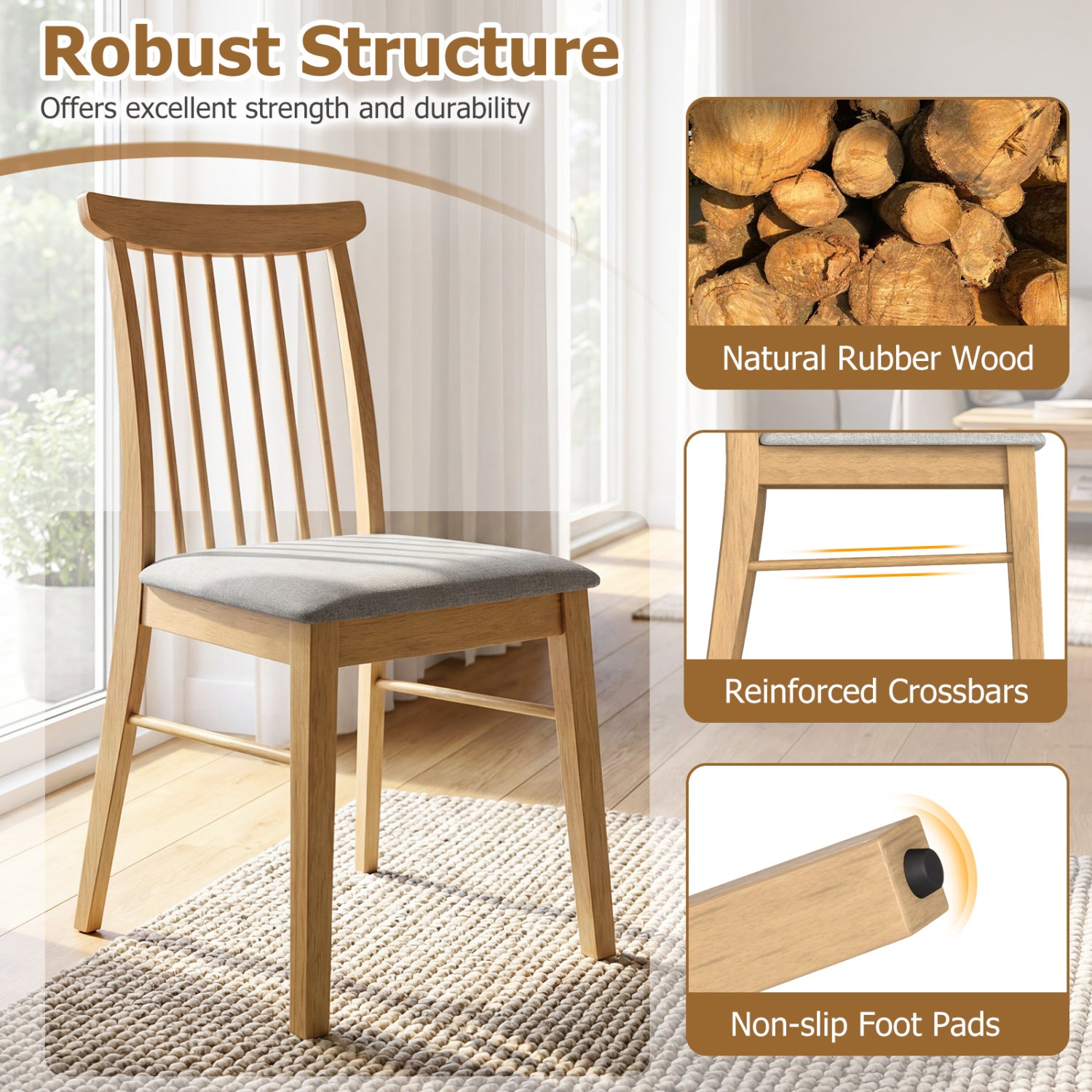 Dining Chairs Set of 2 Fabric Upholstered Kitchen Armless Chairs with Rubber Wood Frame