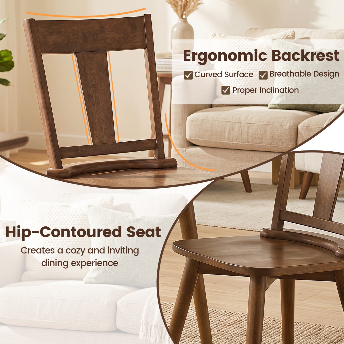Solid Wood Dining Chairs Set of 2 with Ergonomic Backrest
