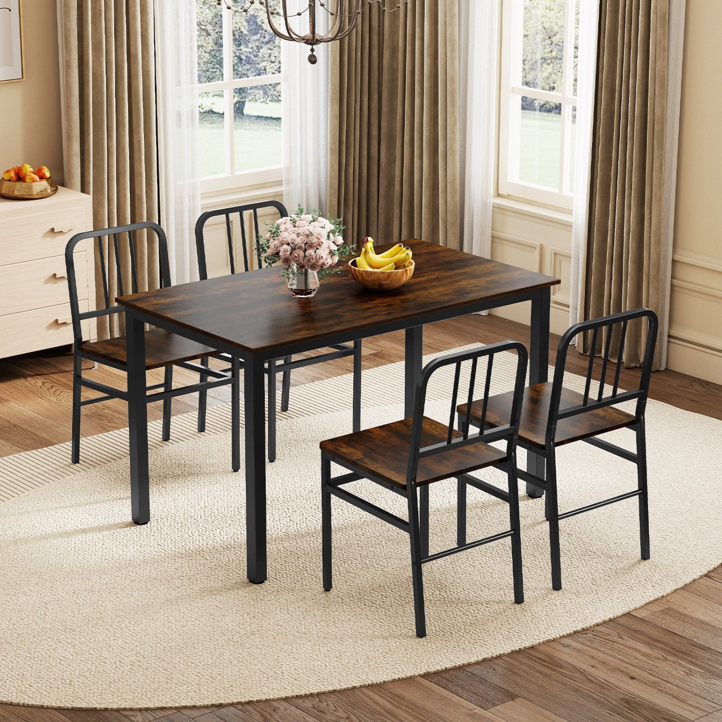 Dining Chairs Set of 4 with Slatted Backrest & Metal Frame