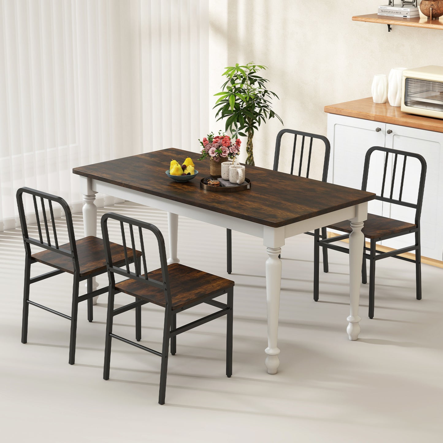Dining Chairs Set of 4 with Slatted Backrest & Metal Frame