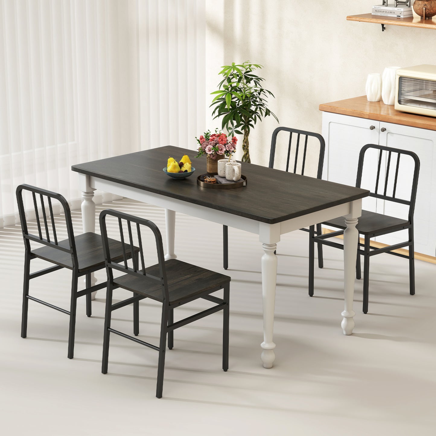 Dining Chairs Set of 4 with Slatted Backrest & Metal Frame