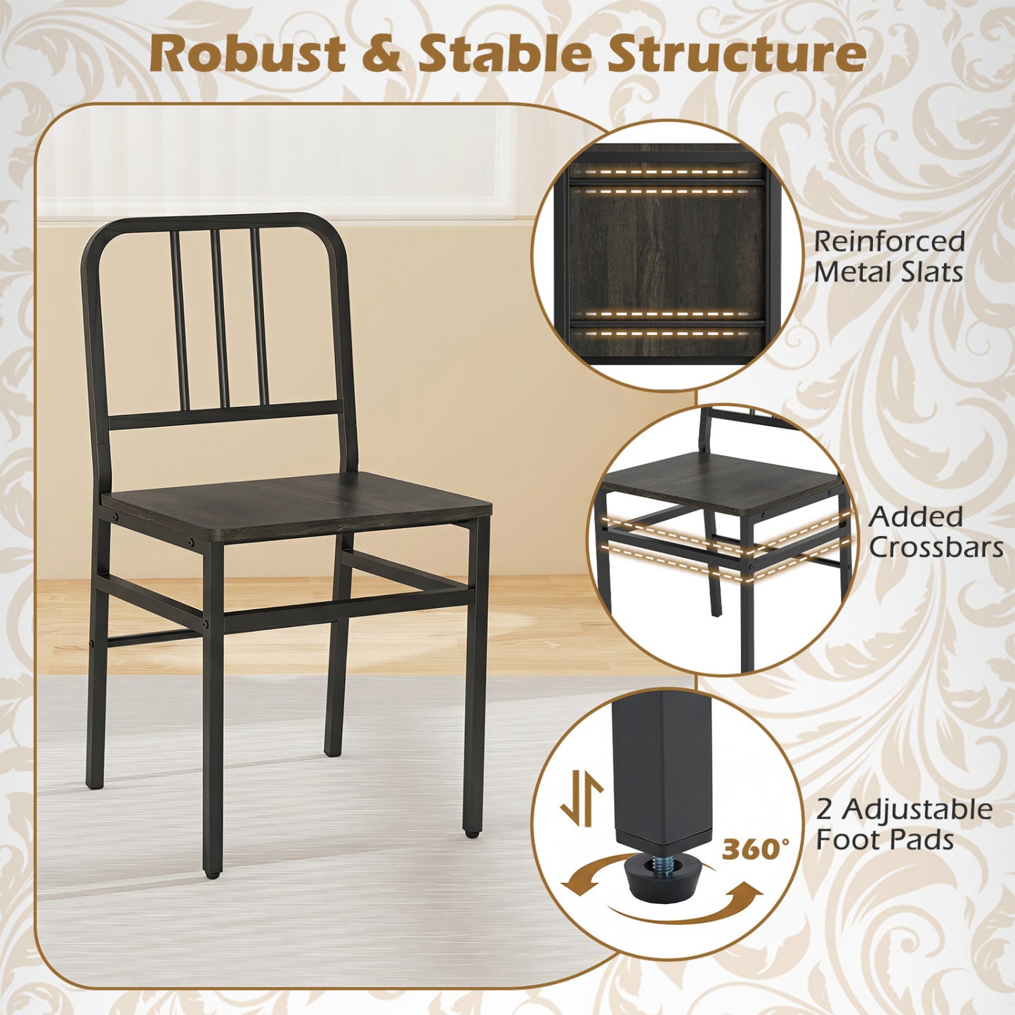 Dining Chairs Set of 4 with Slatted Backrest & Metal Frame