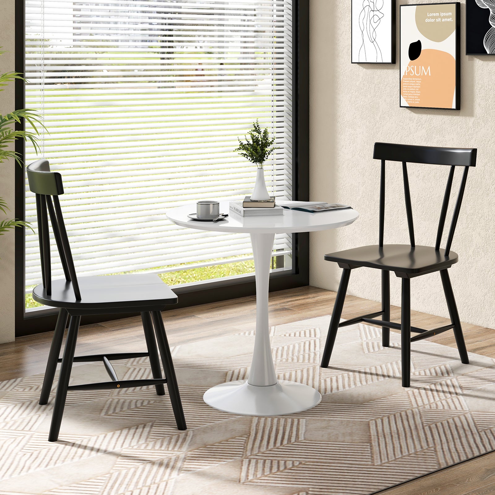 Windsor Style Armless Chairs with Solid Rubber Wood Frame-White - Black
