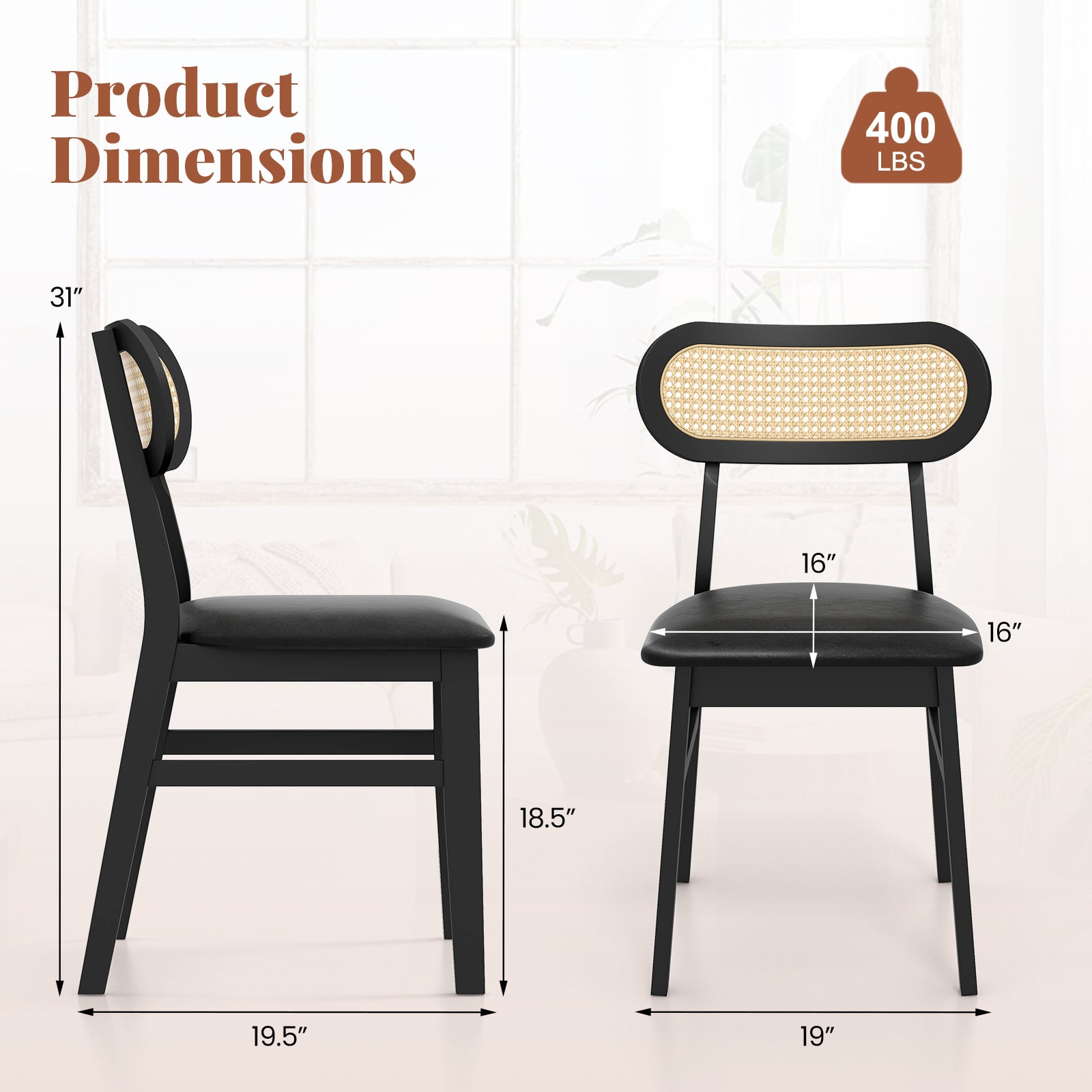 Indoor Mid Century Wood Dining Chairs Set of 2 for Dining Room-Black