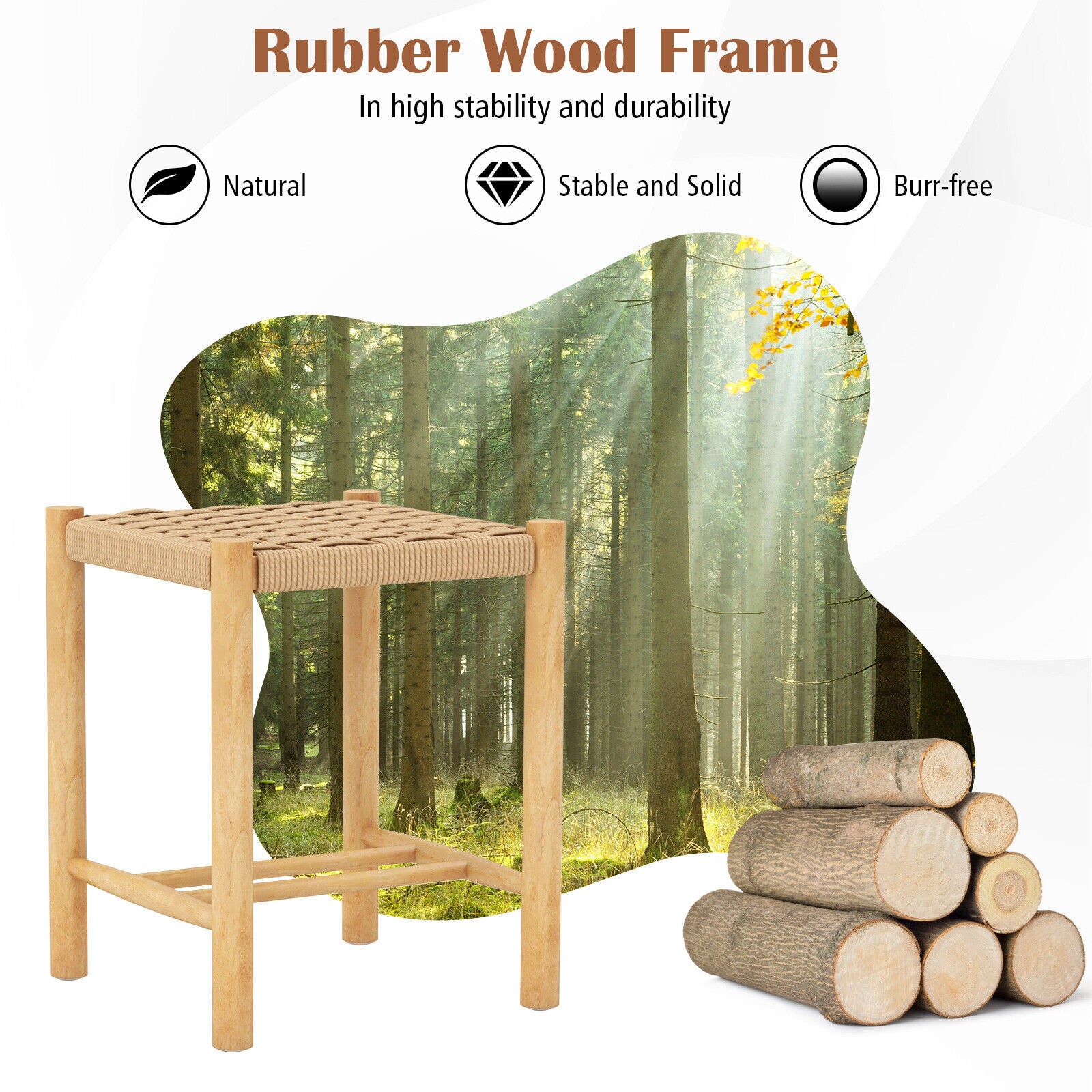 Dining Stool Set of 2 with Rubber Wood Frame-Natural