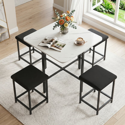 5-Piece Dining Table Set with 4 Upholstered Stools