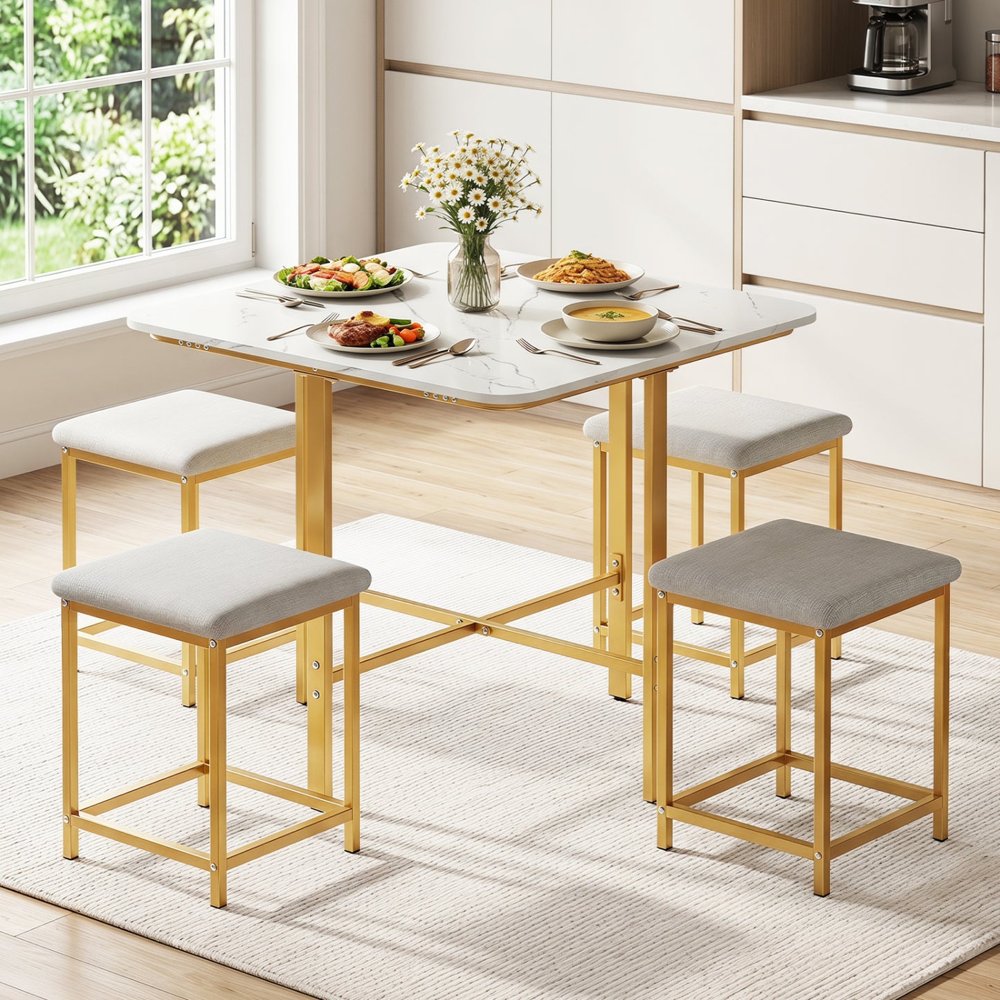 5-Piece Dining Table Set with 4 Upholstered Stools
