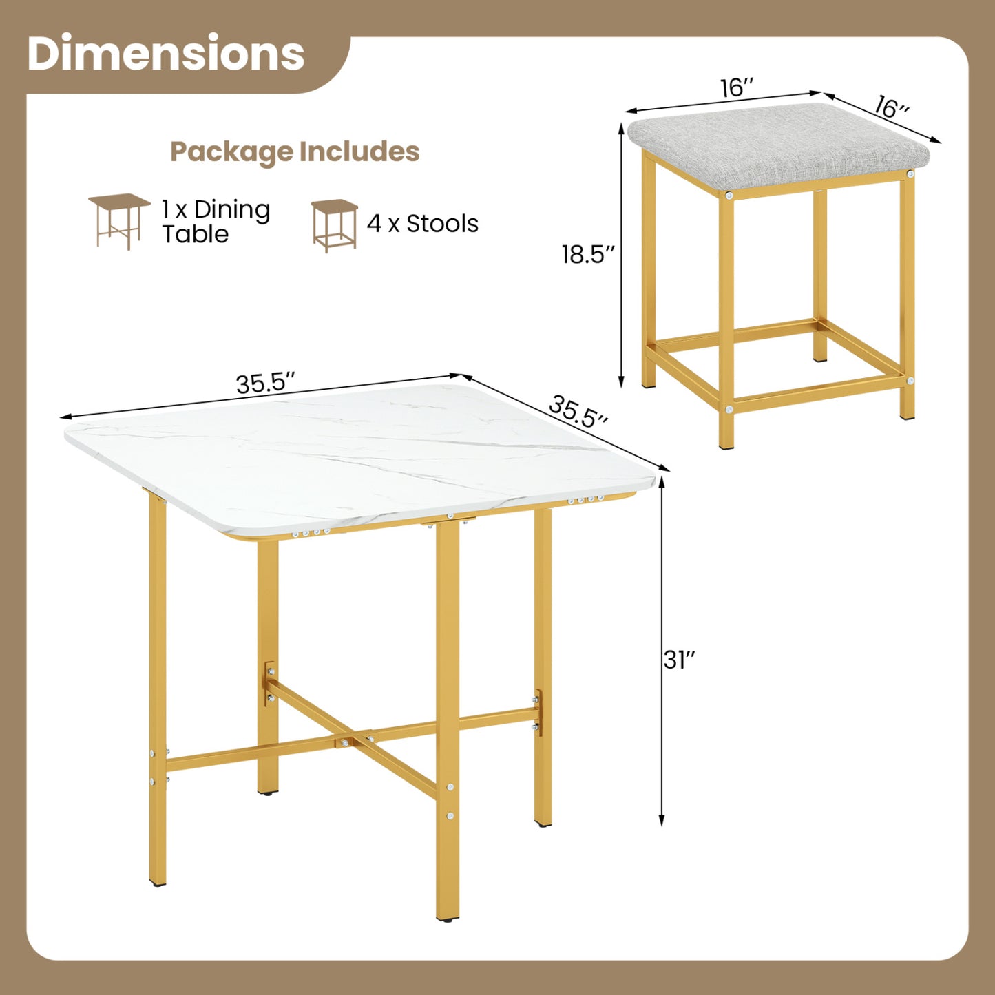 5-Piece Dining Table Set with 4 Upholstered Stools
