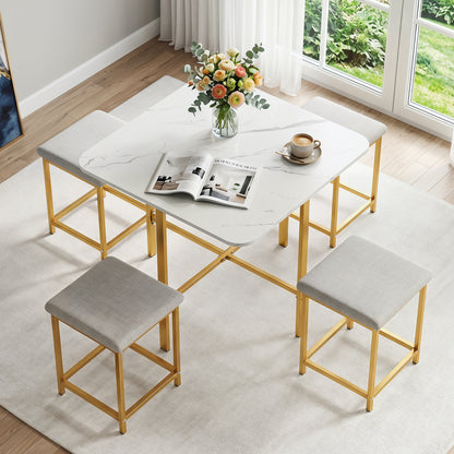5-Piece Dining Table Set with 4 Upholstered Stools